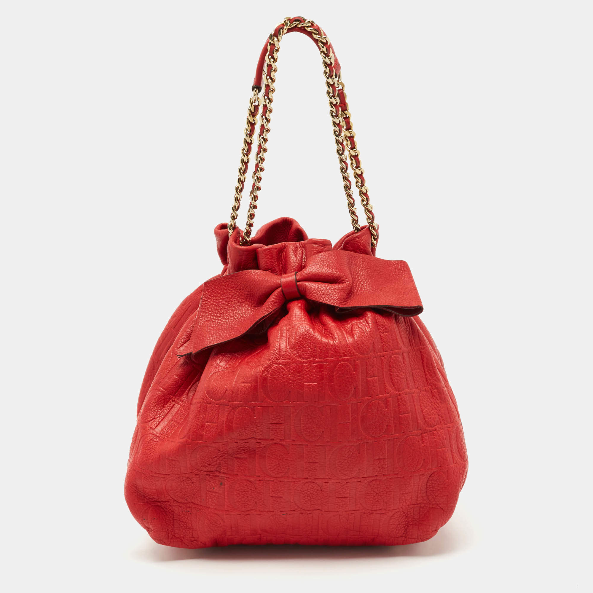 Carolina Herrera Red Monogram Embossed Leather Bow Bucket Shoulder Bag