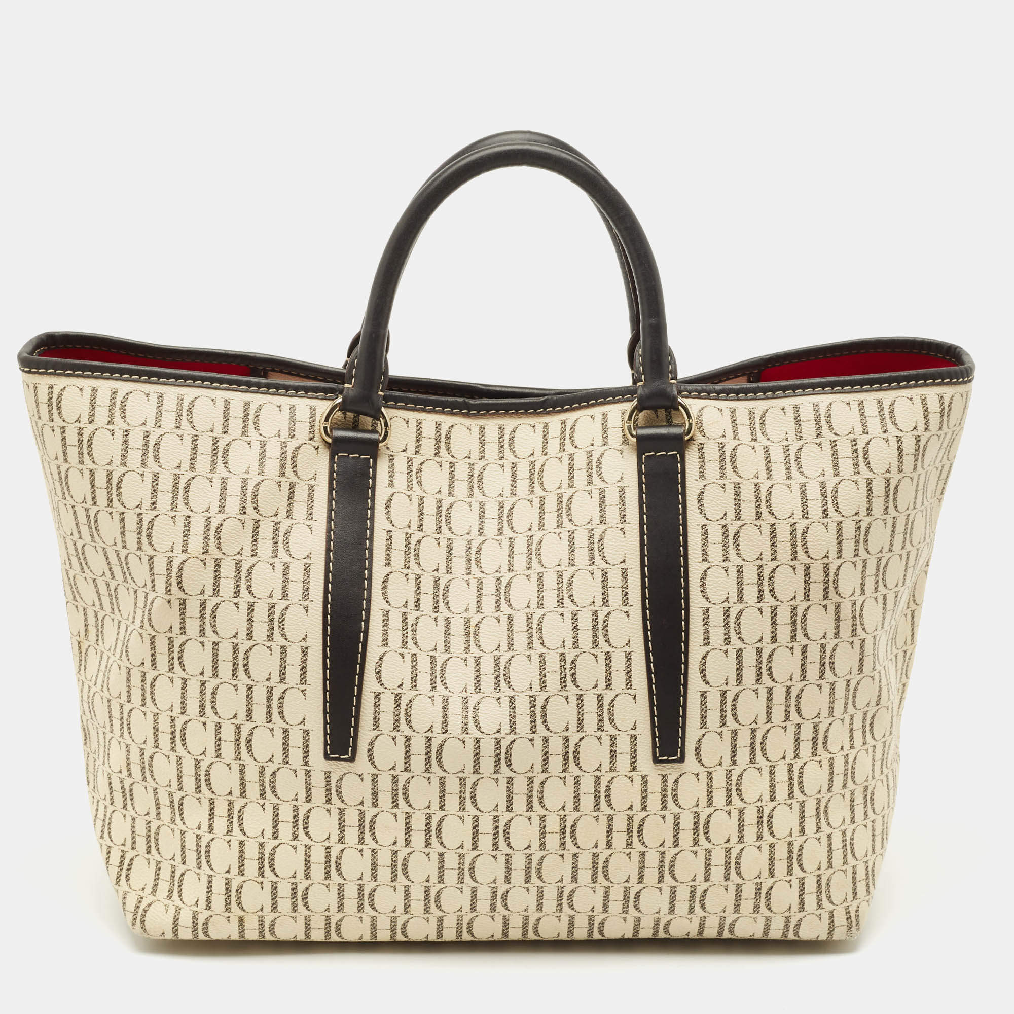 Carolina Herrera Brown/Off White Monogram Coated Canvas and Leather Shopper Tote