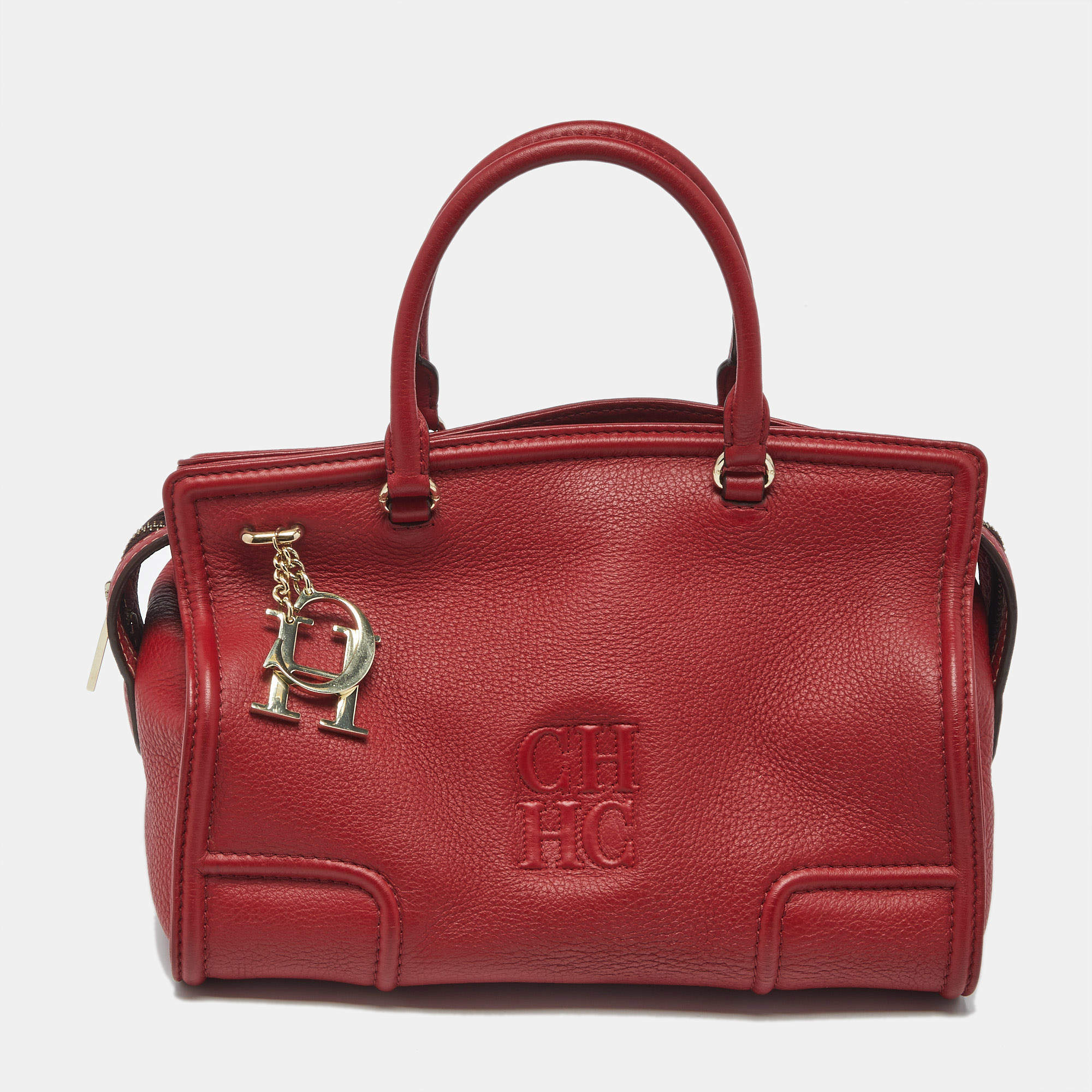 Pre Owned Carolina Herrera Red Leather CH Logo Charm Tote