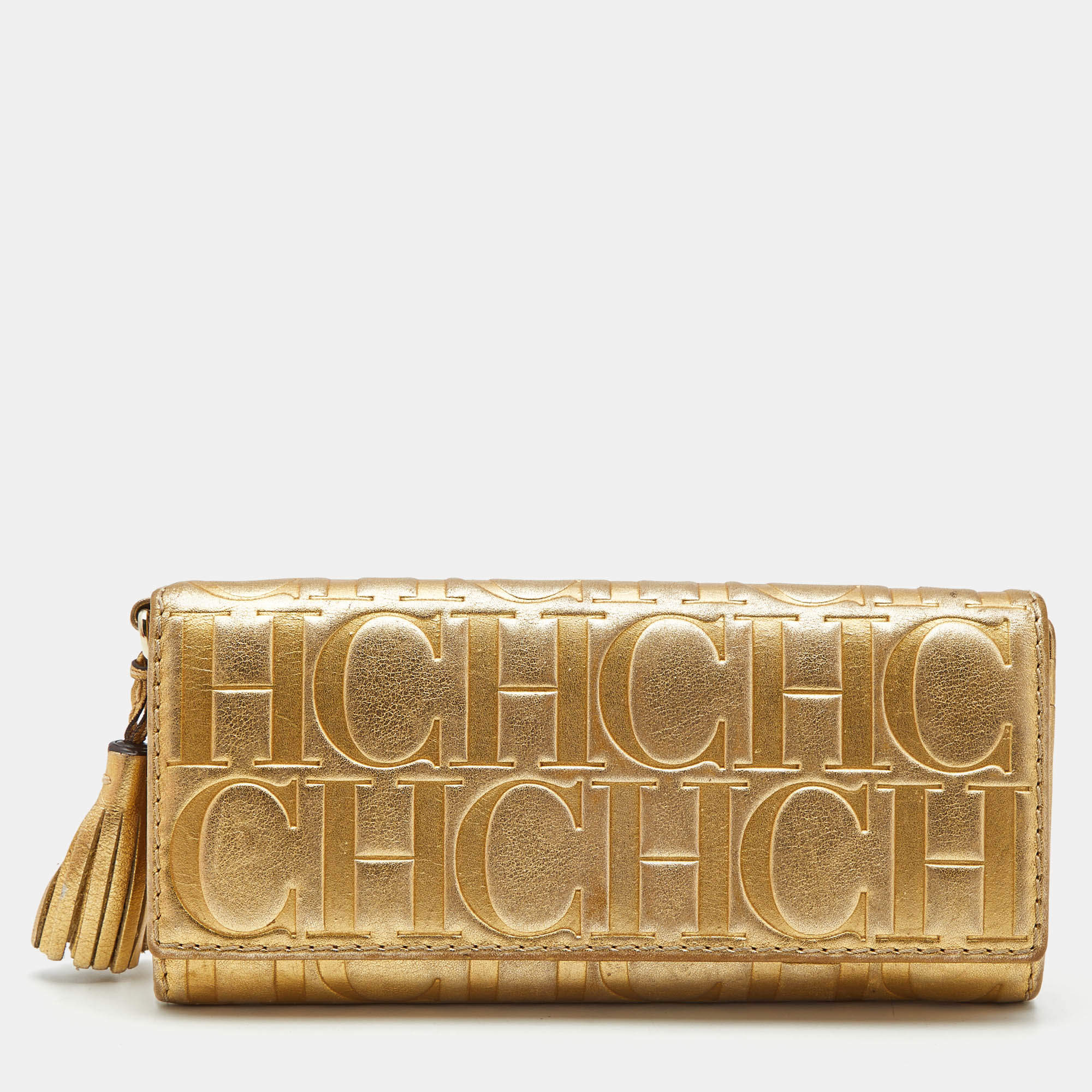 Pre Owned Carolina Herrera Gold Monogram Embossed Leather Tassel Flap Continental Wallet