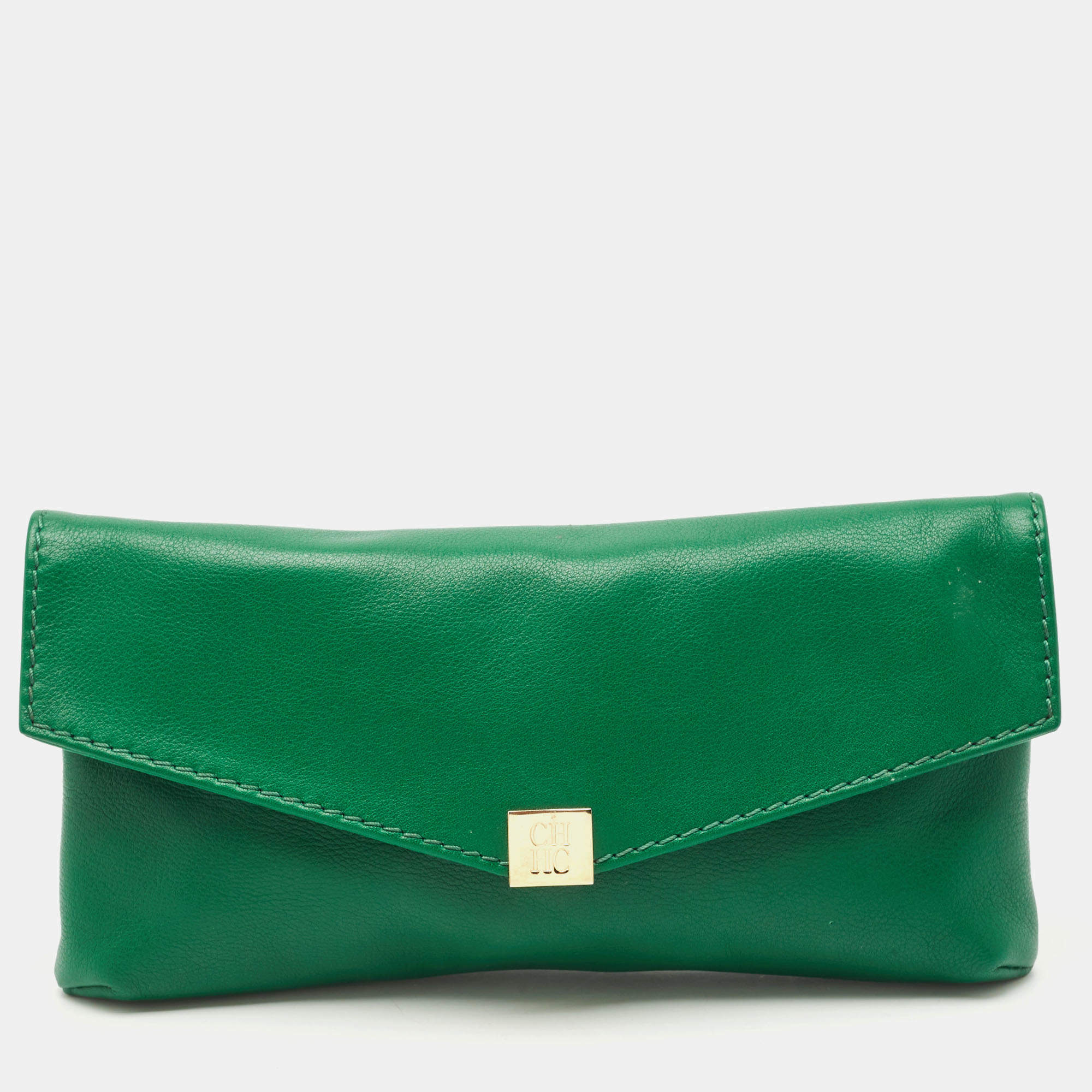 Pre Owned Carolina Herrera Green Leather Envelope Clutch