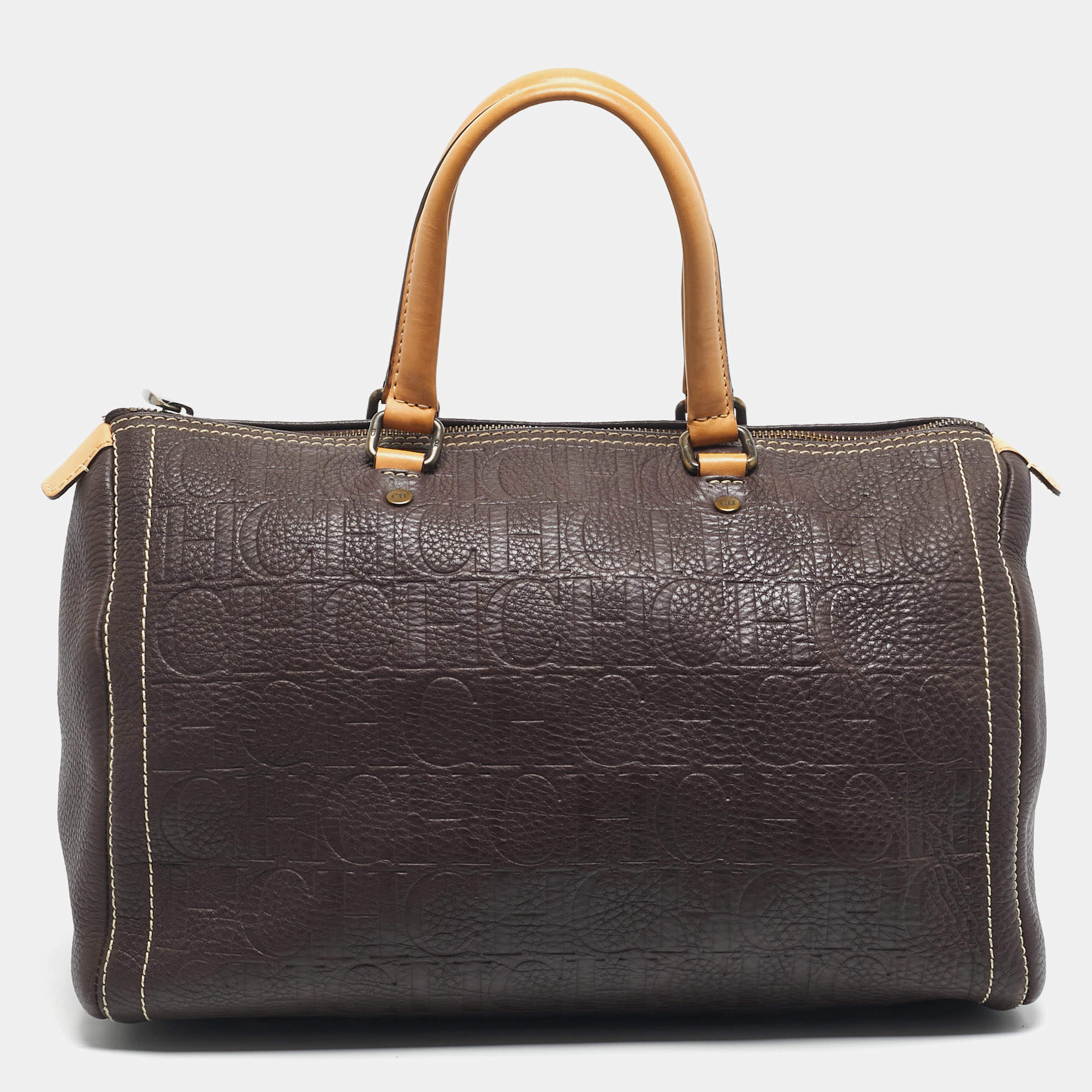 مملوكة مسبقًا حقيبة سي أتش كارولينا هيريرا إنداي بوسطن جلد منقوش بلون كستنائي كبير الحجم