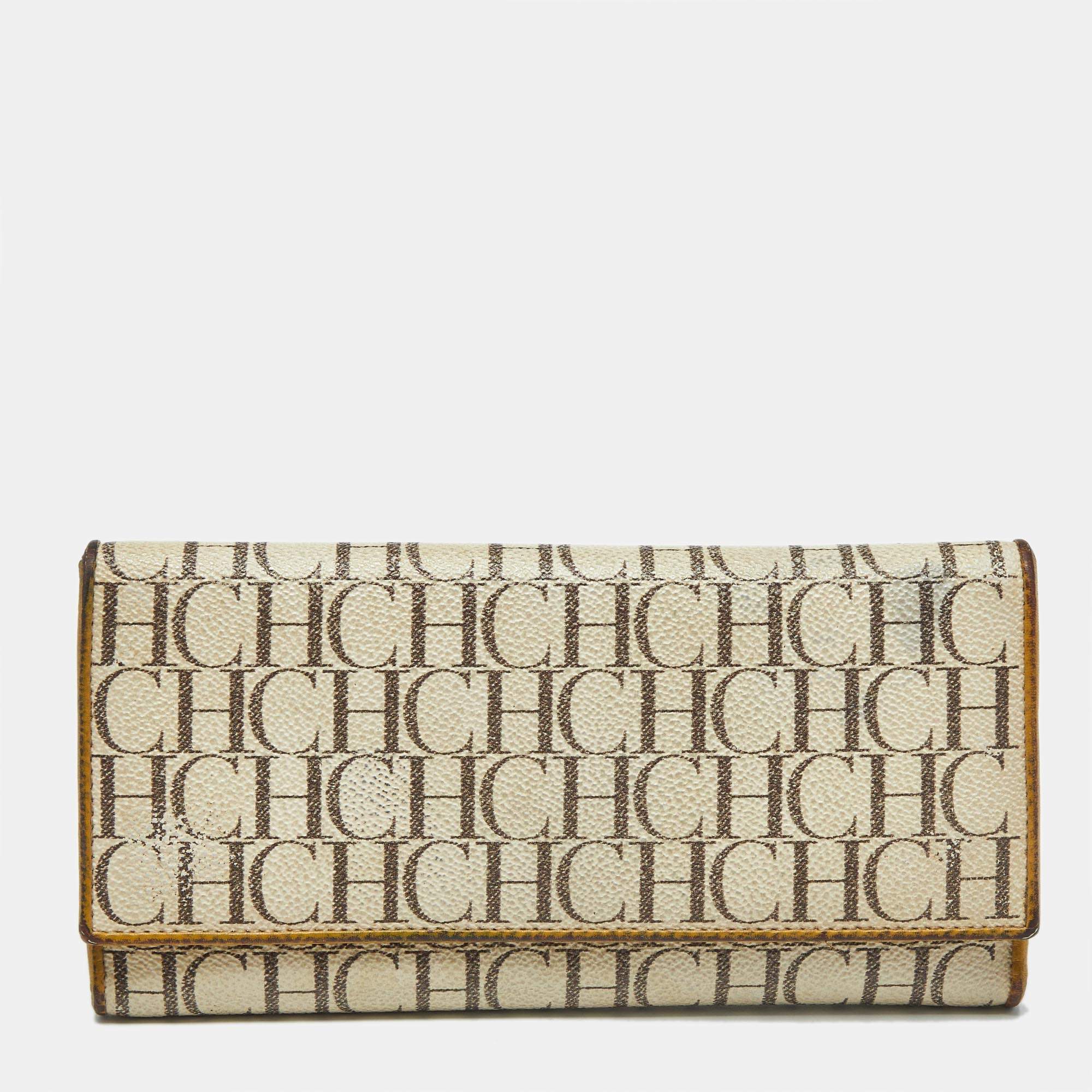 Pre Owned Carolina Herrera Off White Monogram Coated Canvas and Leather Trifold Continental Wallet