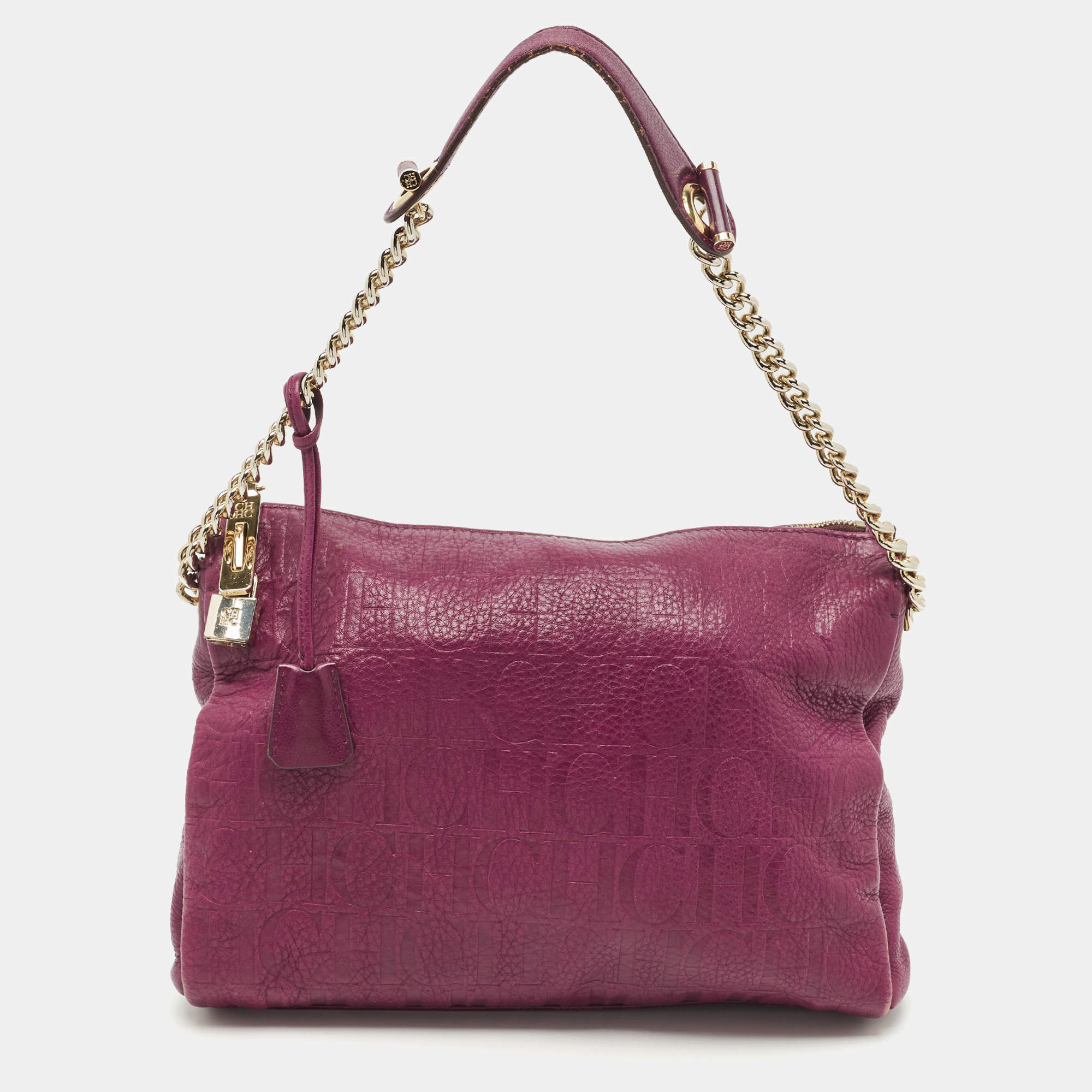 Pre Owned Carolina Herrera Purple Monogram Embossed Leather Lock Shoulder Bag