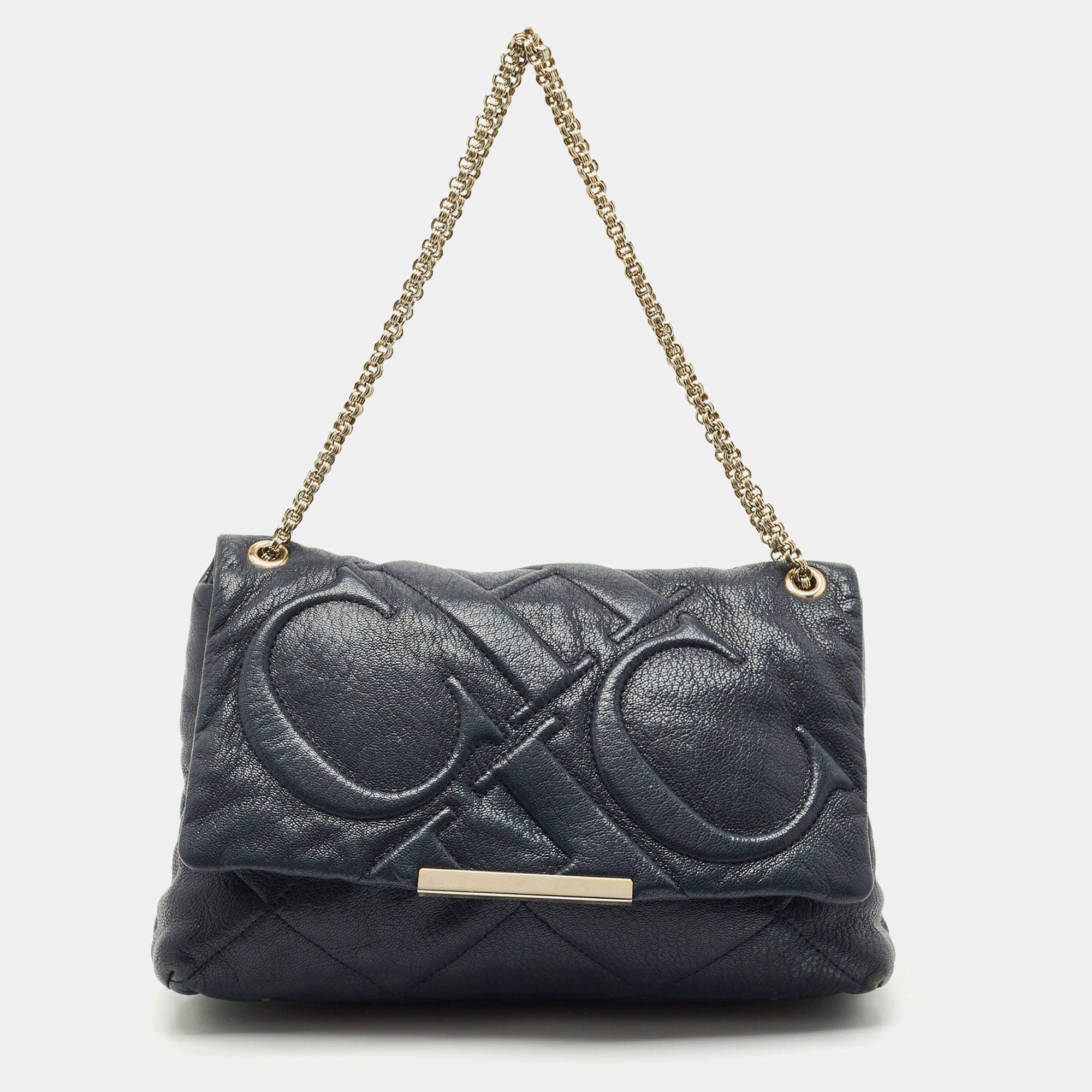 Pre Owned Carolina Herrera Navy Blue Embossed Leather Metal Flap Shoulder Bag