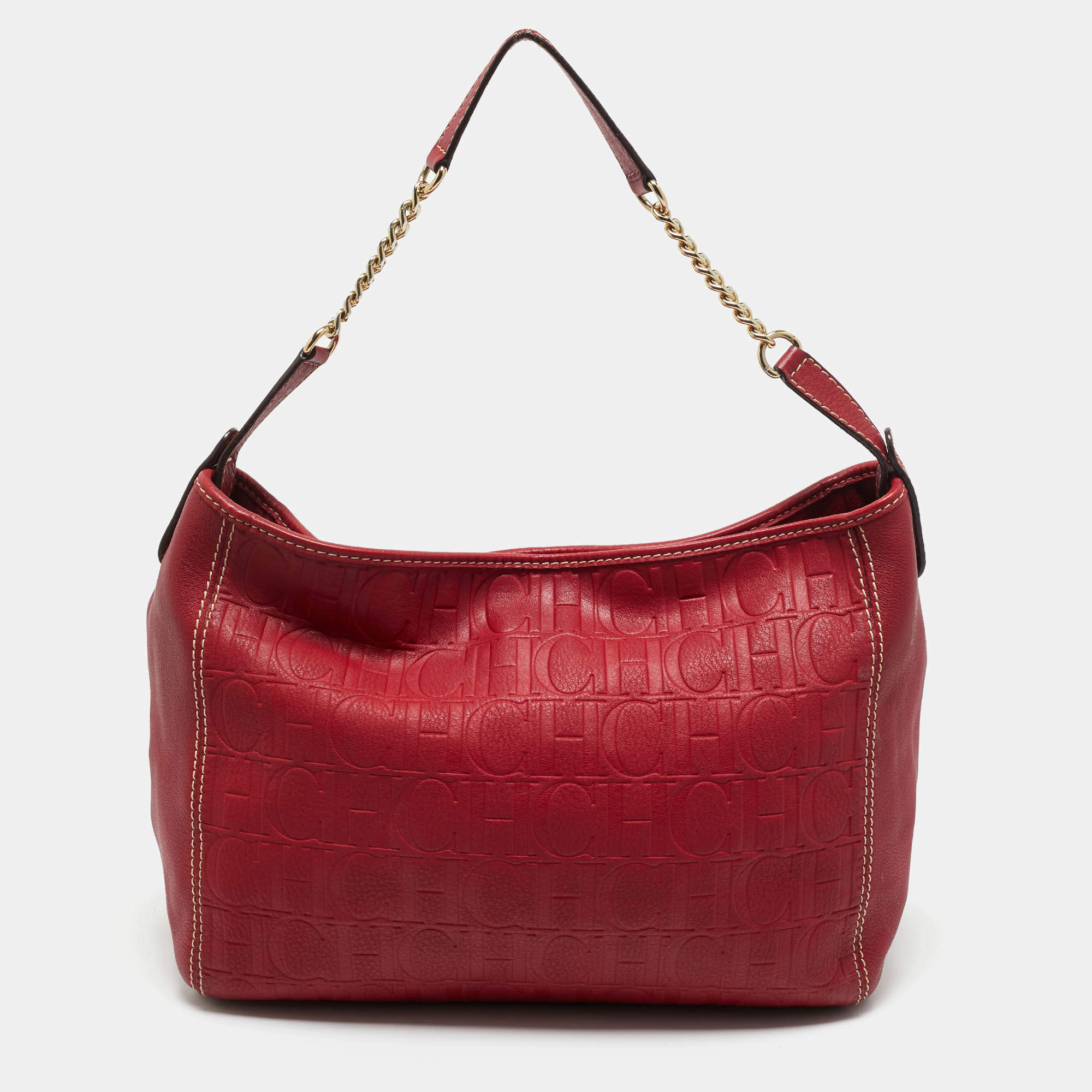 Pre Owned Carolina Herrera Red Monogram Leather Chain Hobo