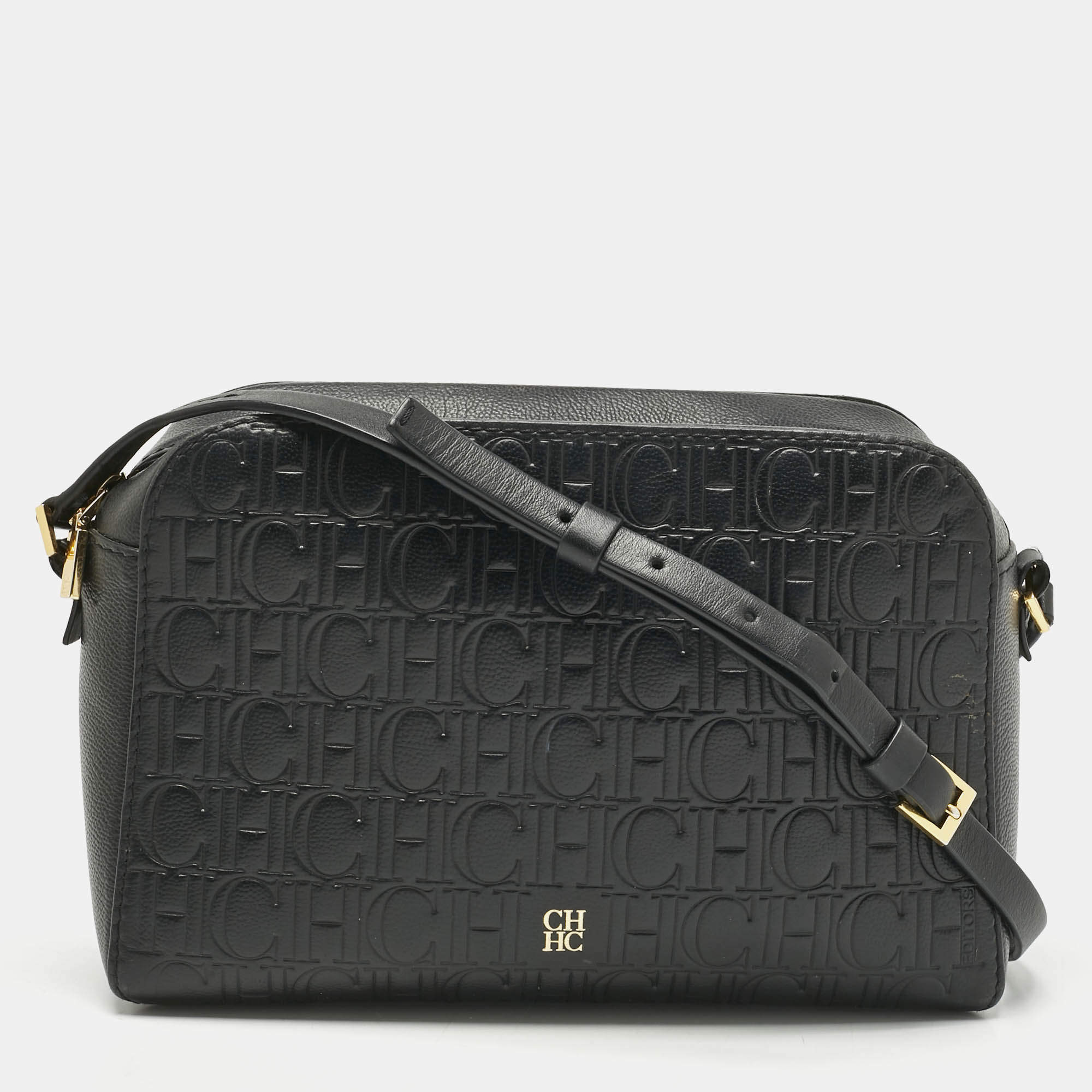 Pre Owned Carolina Herrera Black Monogram Embossed Leather Camera Crossbody Bag