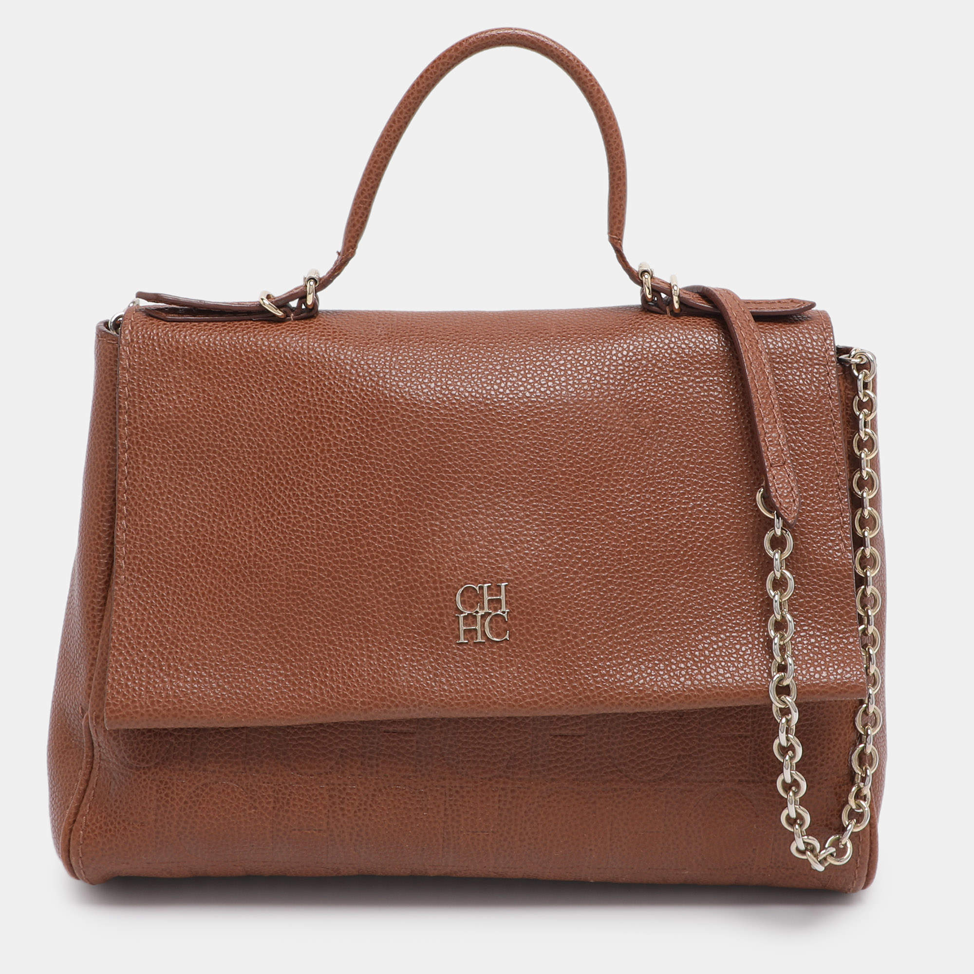 Pre Owned Carolina Herrera Brown Embossed Leather Minuetto Flap Top Handle Bag