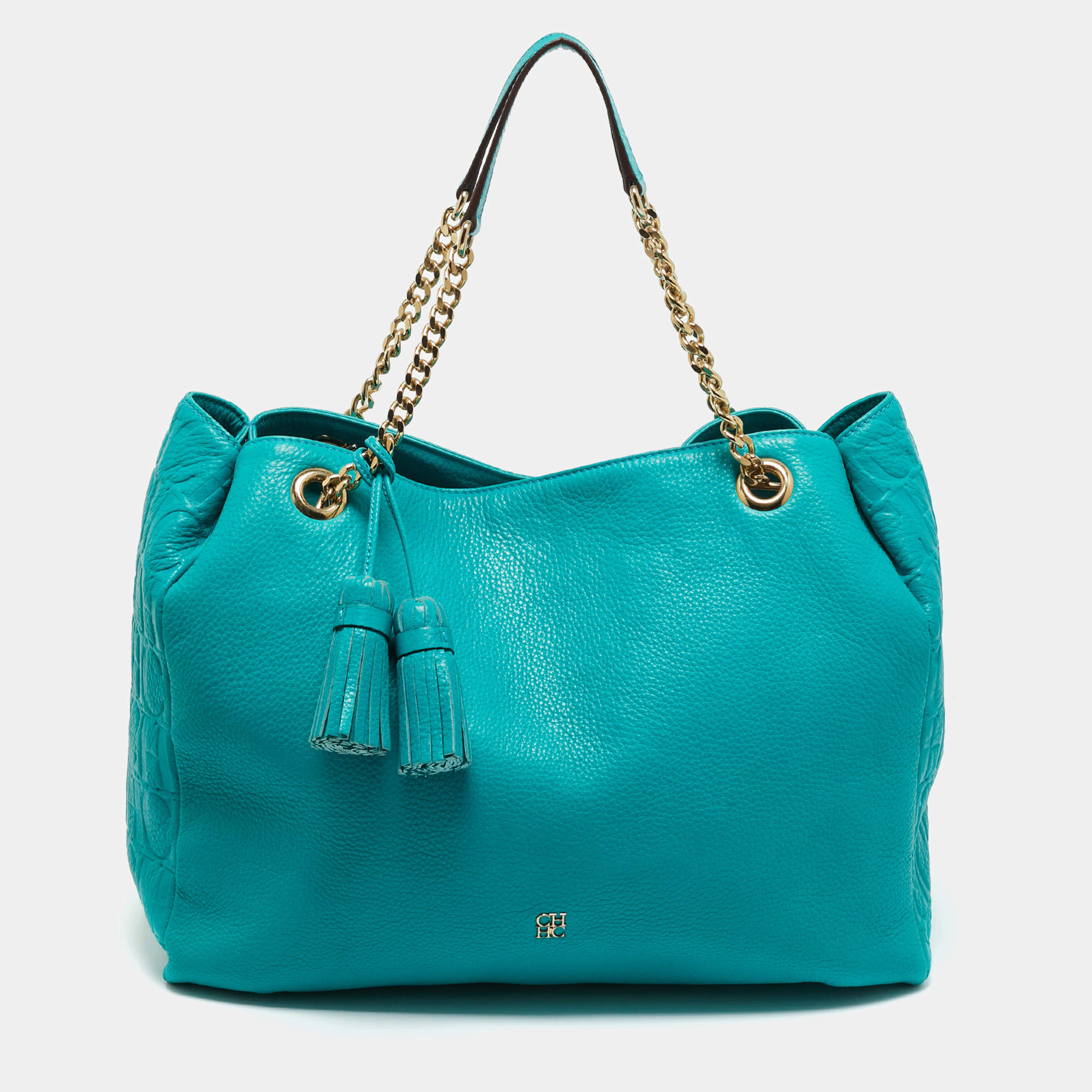 Pre Owned Carolina Herrera Green Monogram Embossed Leather Tassel Chain Tote