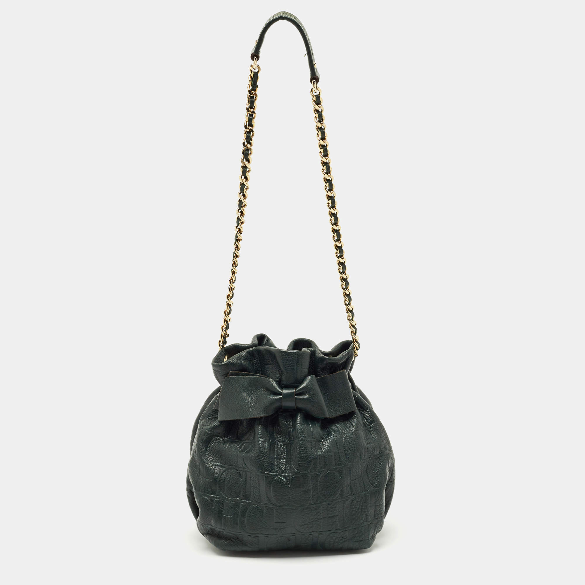 Pre Owned Carolina Herrera Dark Green Monogram Embossed Leather Bow Bucket Bag
