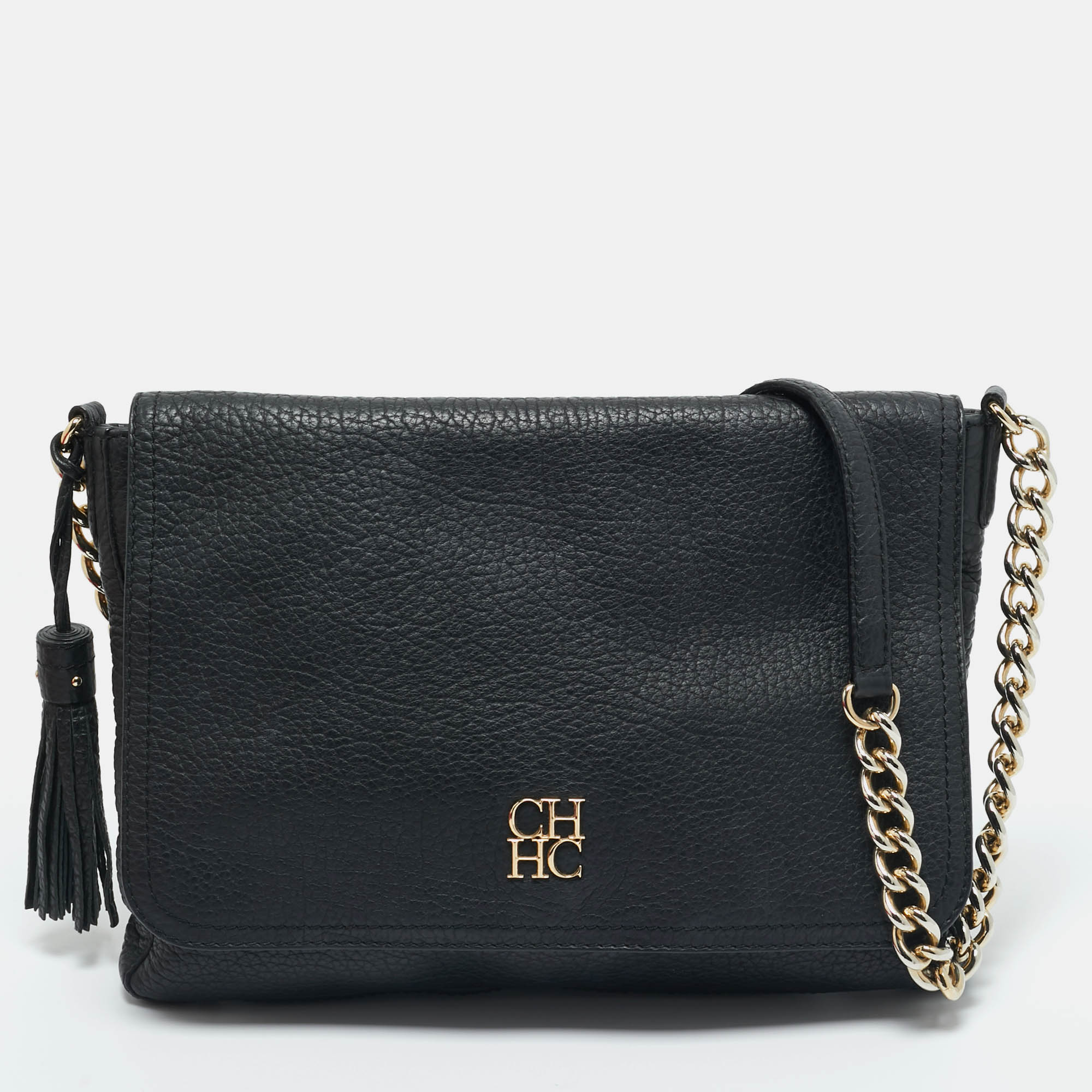 مملوكة مسبقًا Carolina Herrera Black Leather Tassel Flap Shoulder Bag