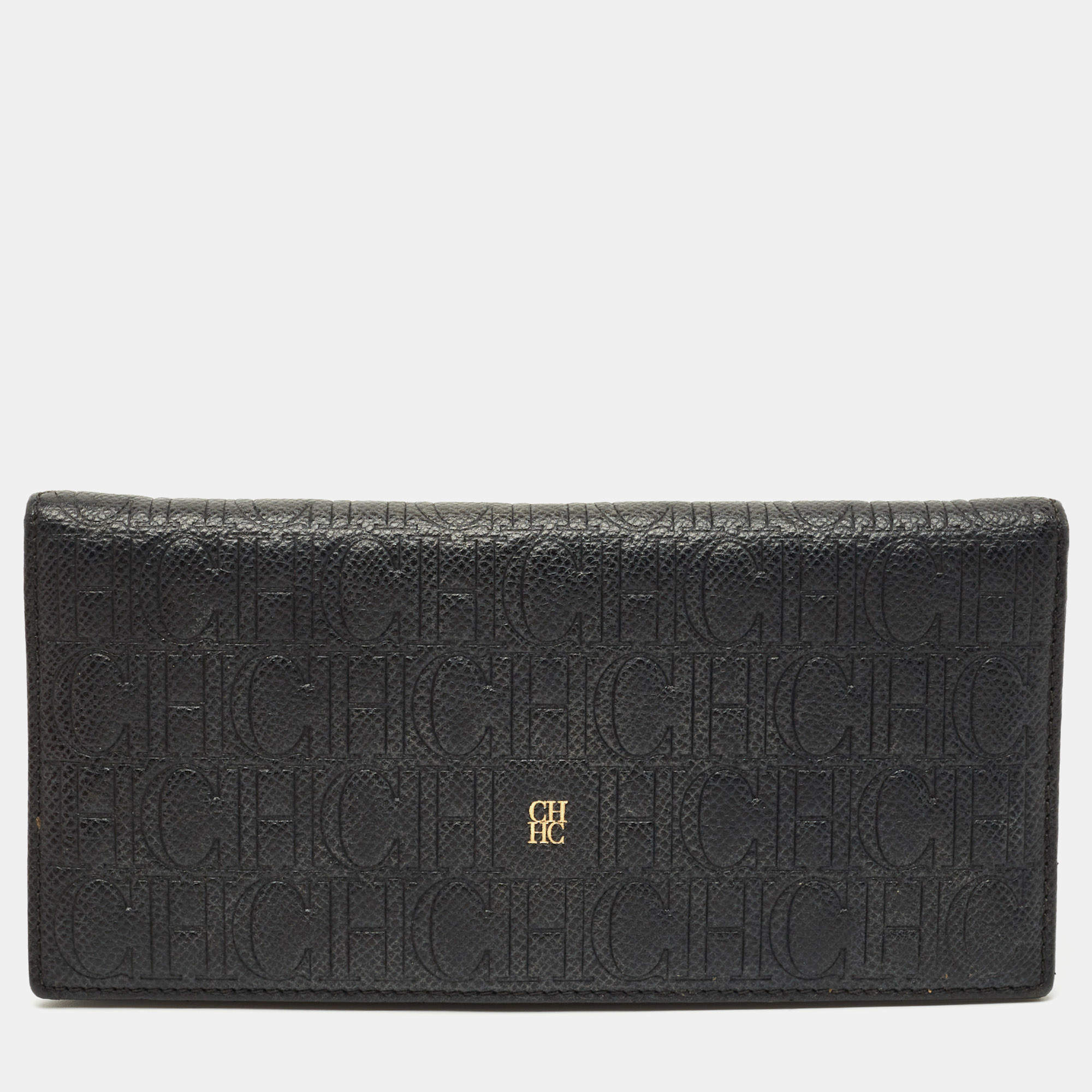 Pre Owned Carolina Herrera Black Monogram Embossed Leather Bifold Long Wallet