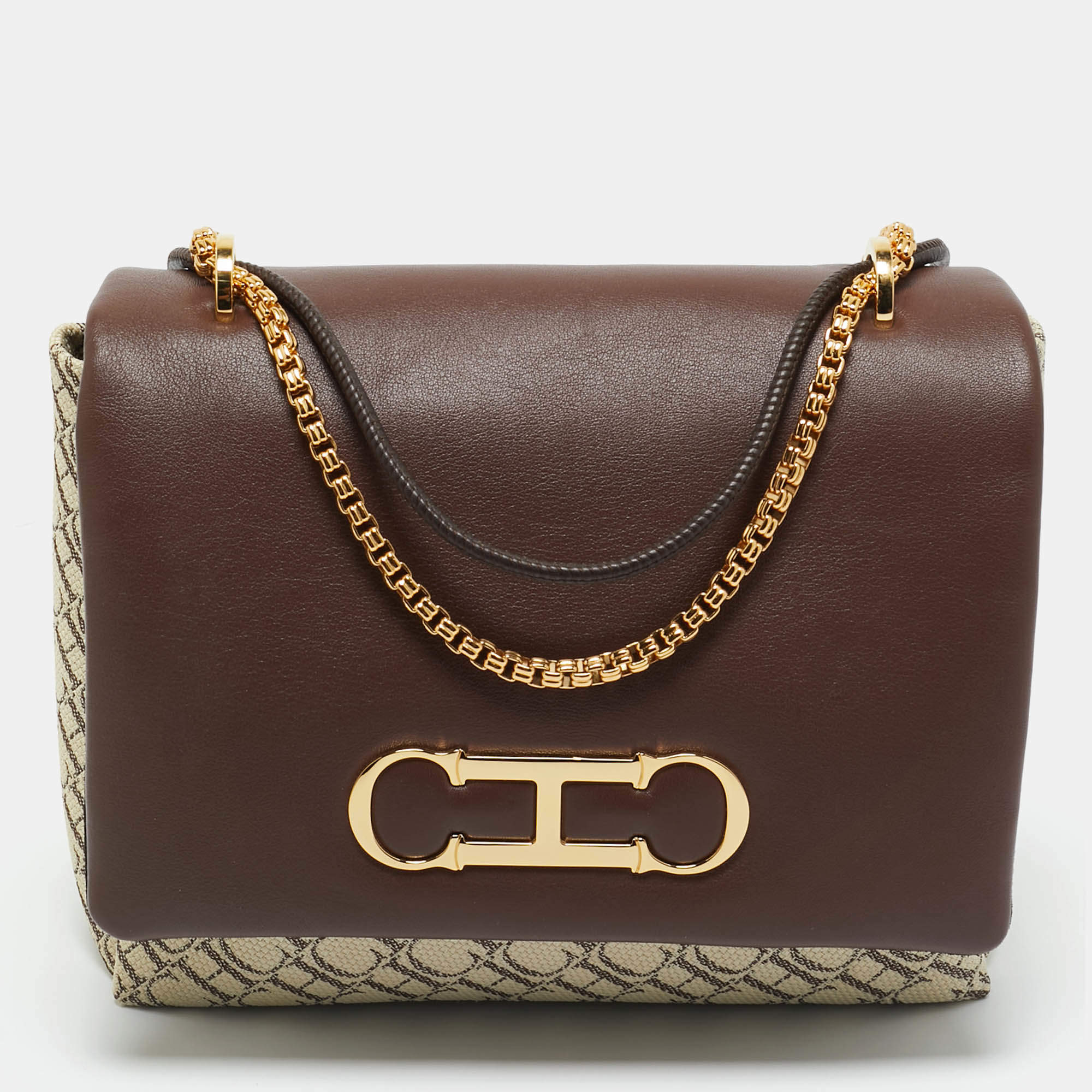 Pre Owned Carolina Herrera Brown/Off White Monogram Canvas and Leather Initials Insignia Shoulder Bag