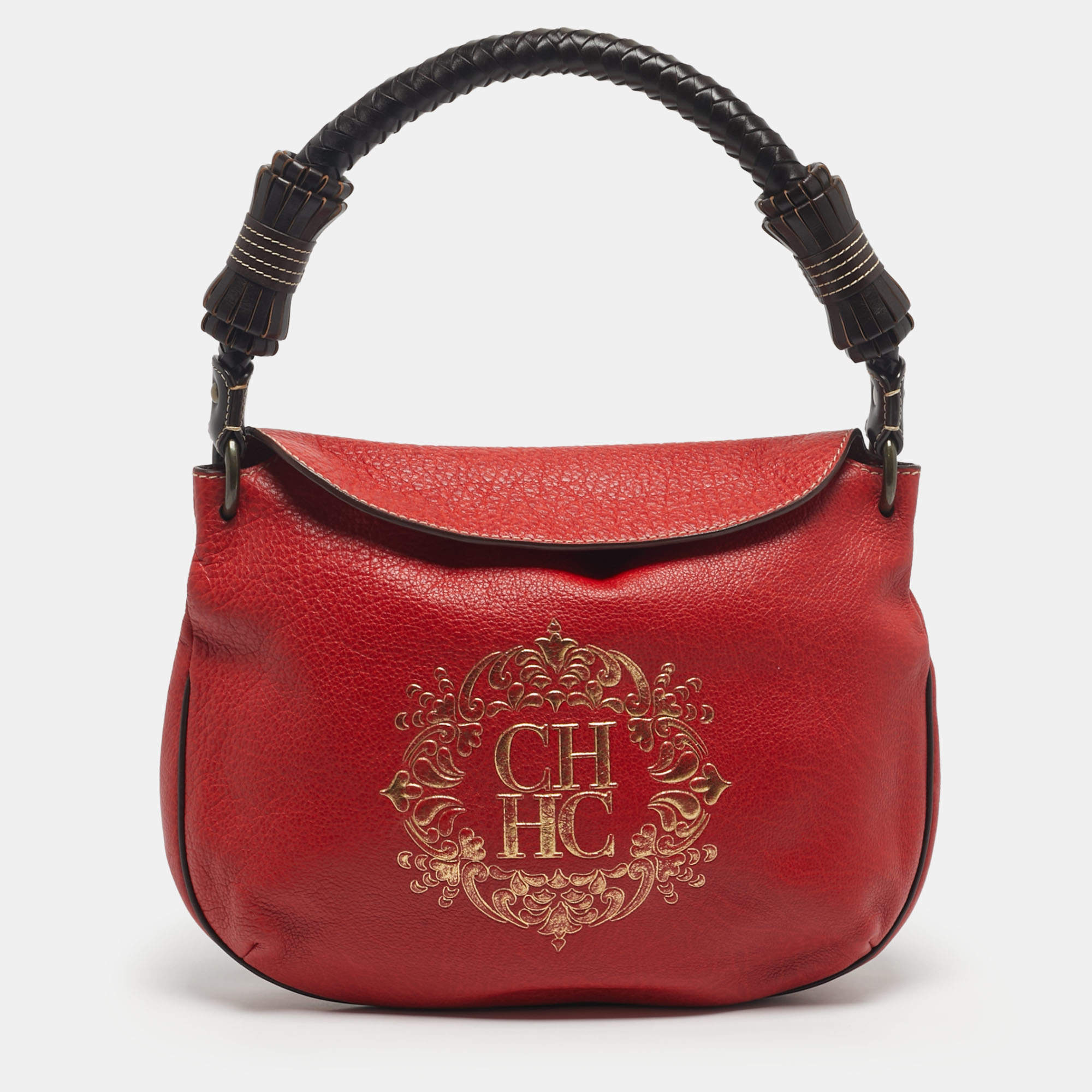 Pre Owned Carolina Herrera Red/Brown Leather Braided Handle Hobo