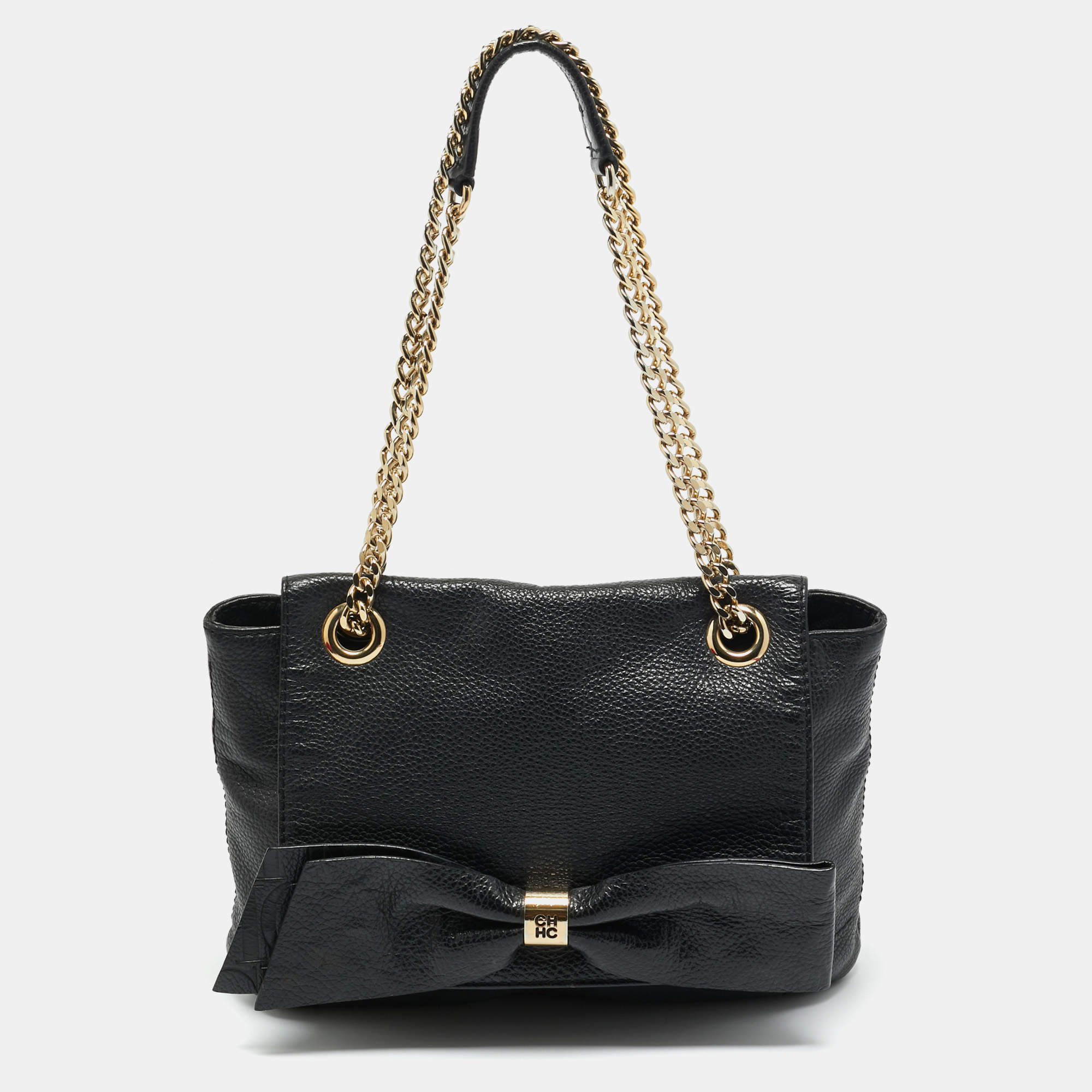 Pre Owned Carolina Herrera Black Monogram Embossed Leather Audrey Shoulder Bag