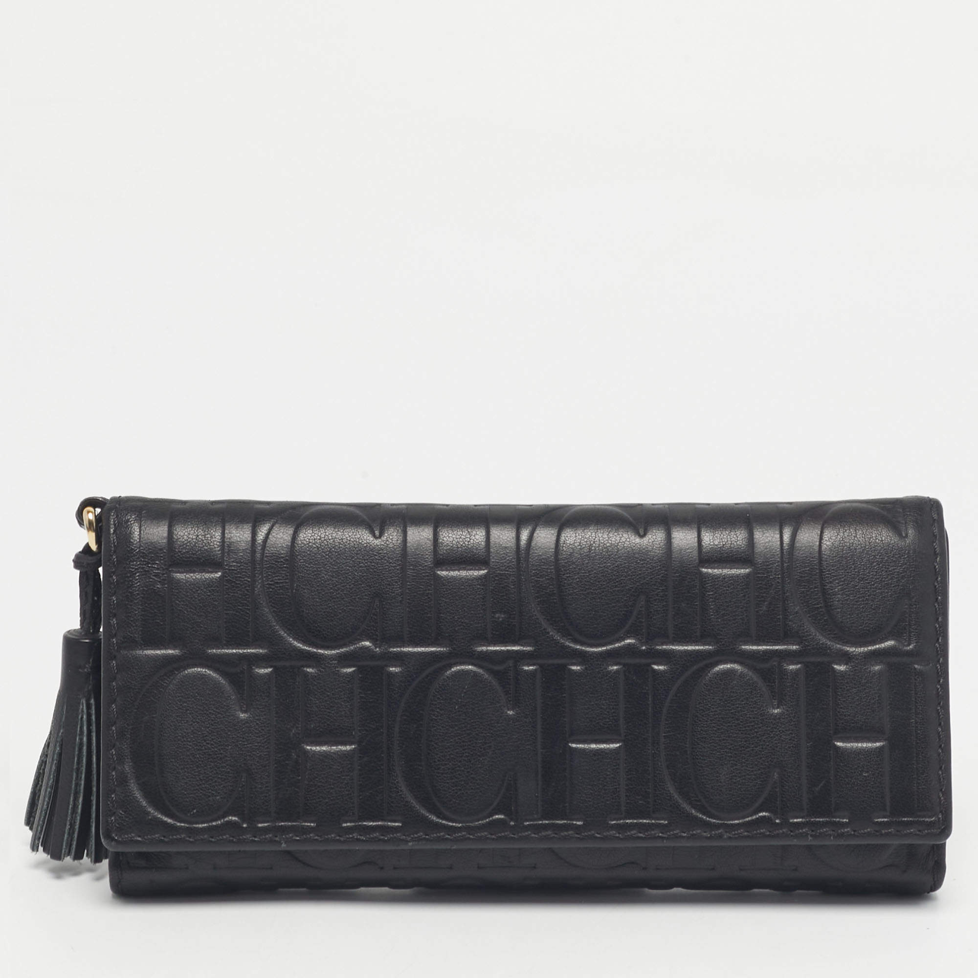 مملوكة مسبقًا Carolina Herrera Black Monogram Embossed Leather Tassel Trifold Continental Wallet
