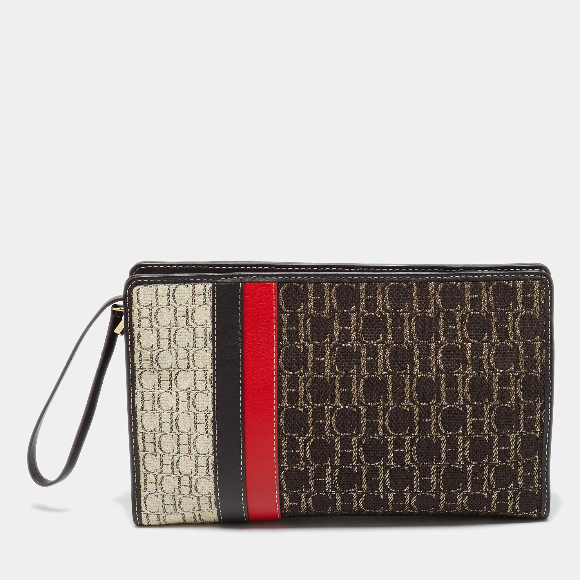 Pre Owned Carolina Herrera Brown/Red Signature Canvas and Leather Wristlet Pouch 