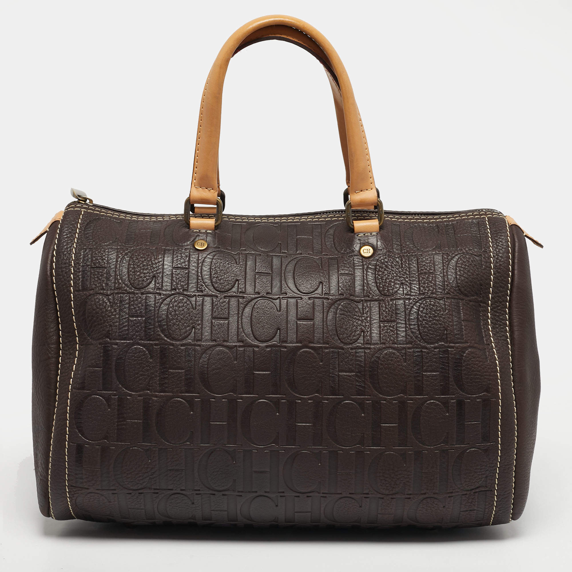 Pre Owned Carolina Herrera Dark Brown Monogram Embossed Leather Large Andy Satchel