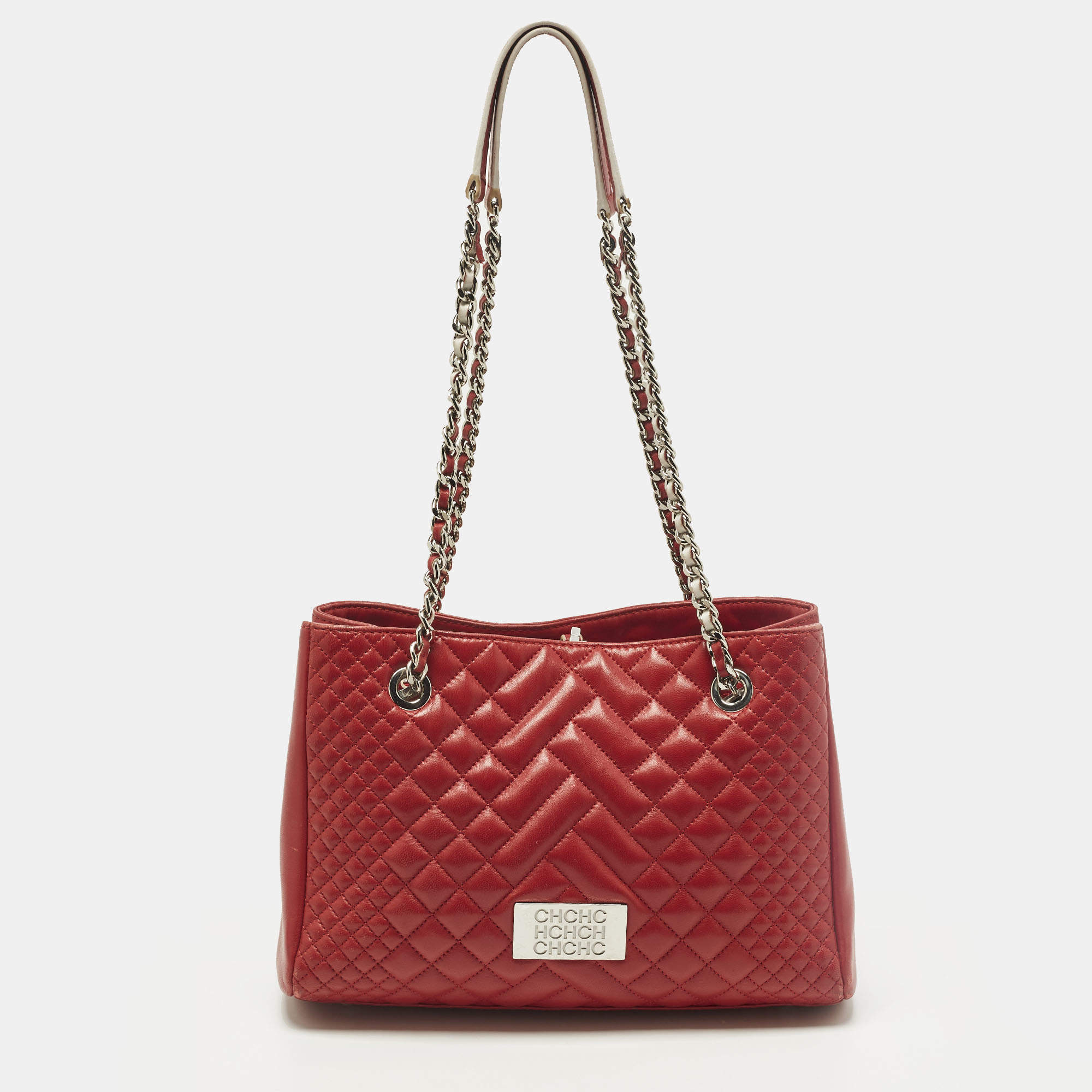 Pre Owned Carolina Herrera CHHC Logo Red Quilted Leather Chain Tote