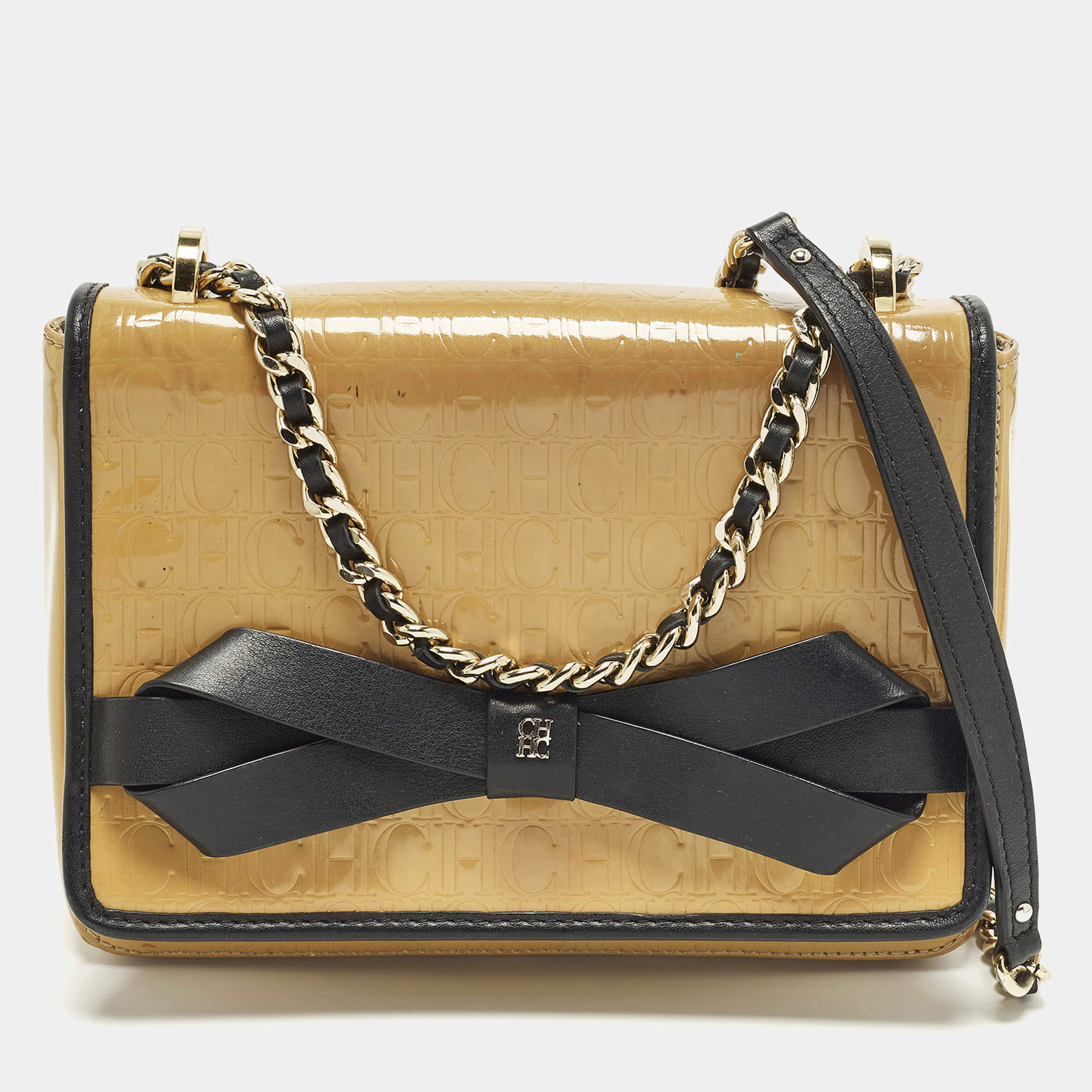 Pre Owned Carolina Herrera Bow Beige/Black Monogram Embossed Patent and Leather Shoulder Bag