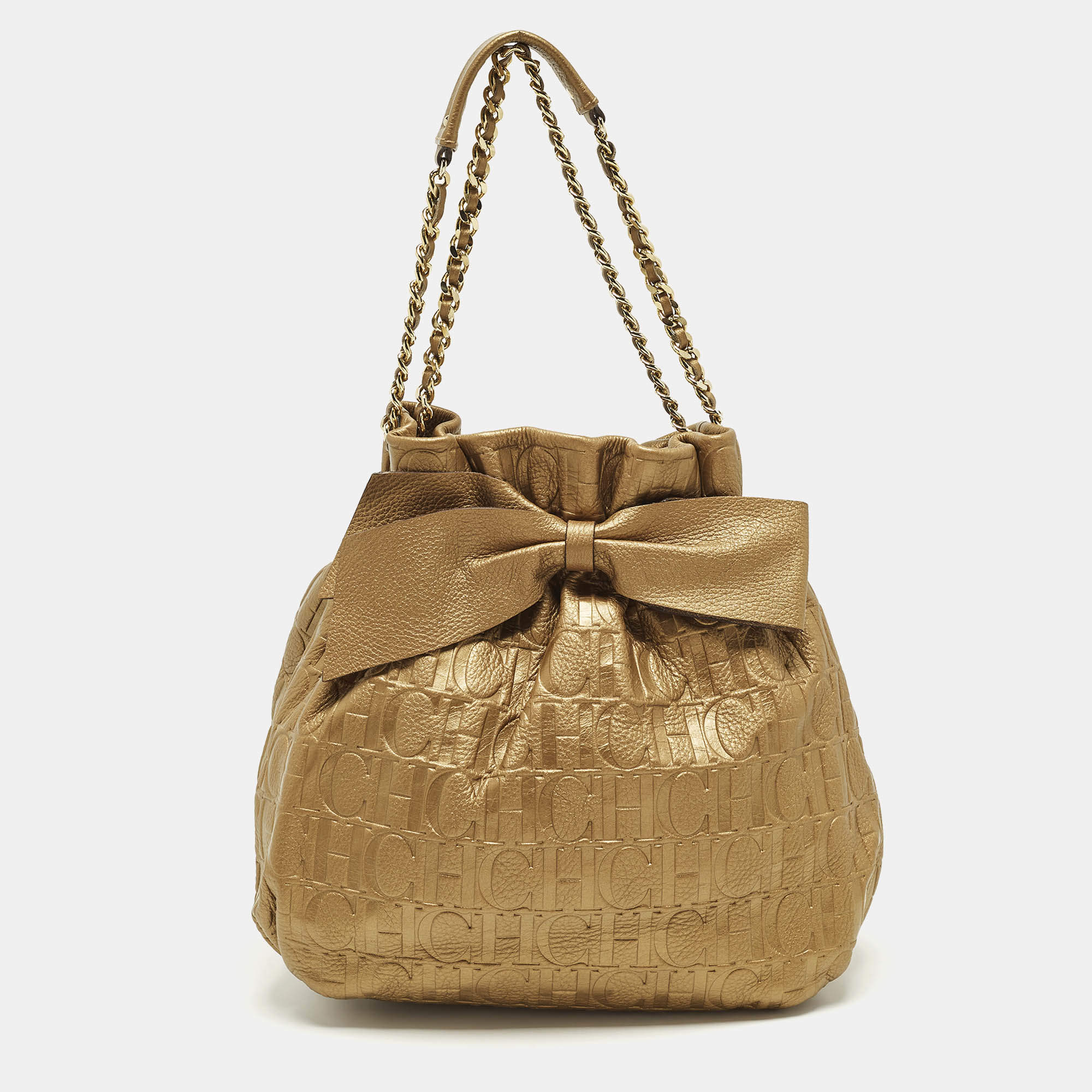 مملوكة مسبقًا Carolina Herrera Bow Gold Monogram Embossed Leather Bucket Bag