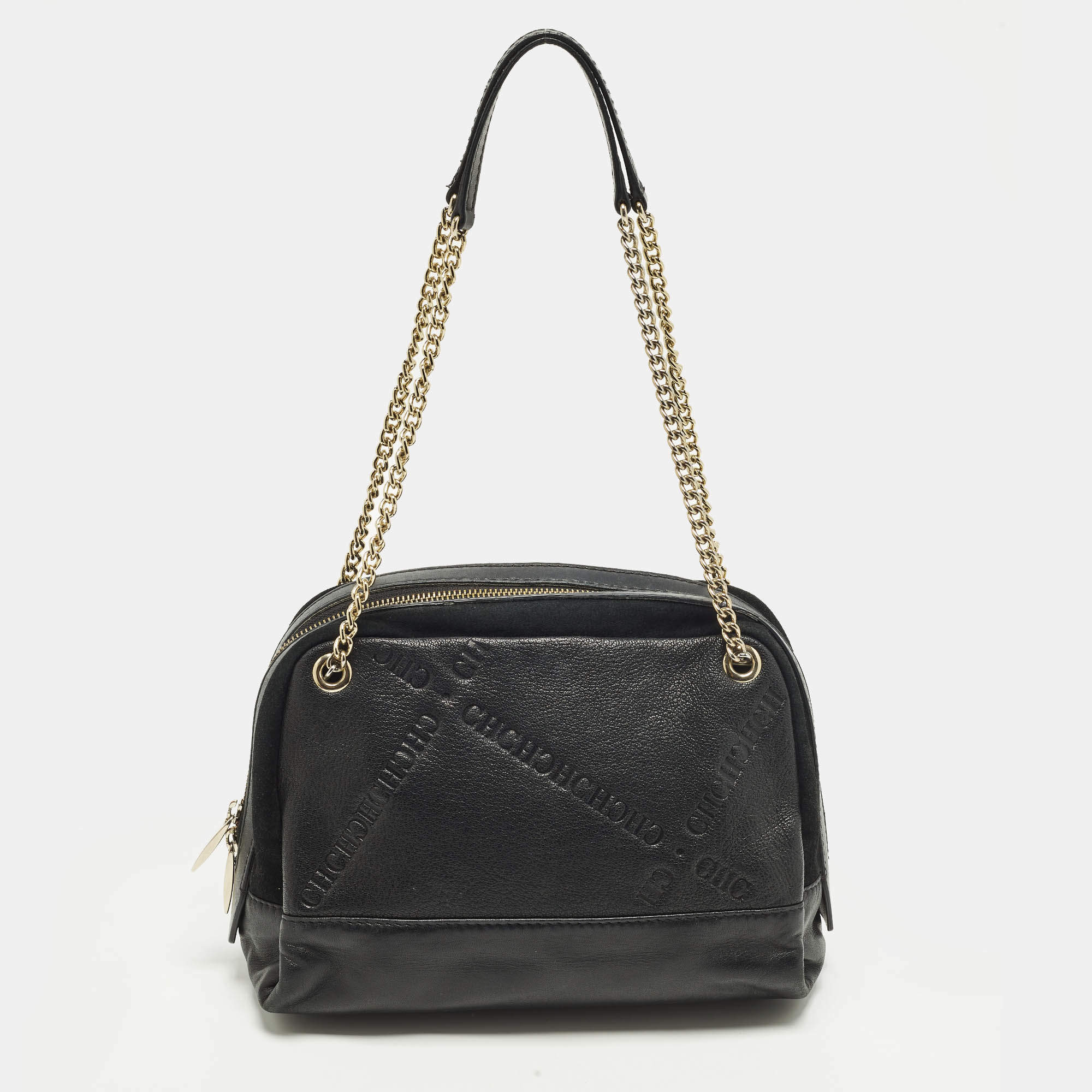 مملوكة مسبقًا Carolina Herrera Chain Black Logo Embossed Leather and Suede Satchel