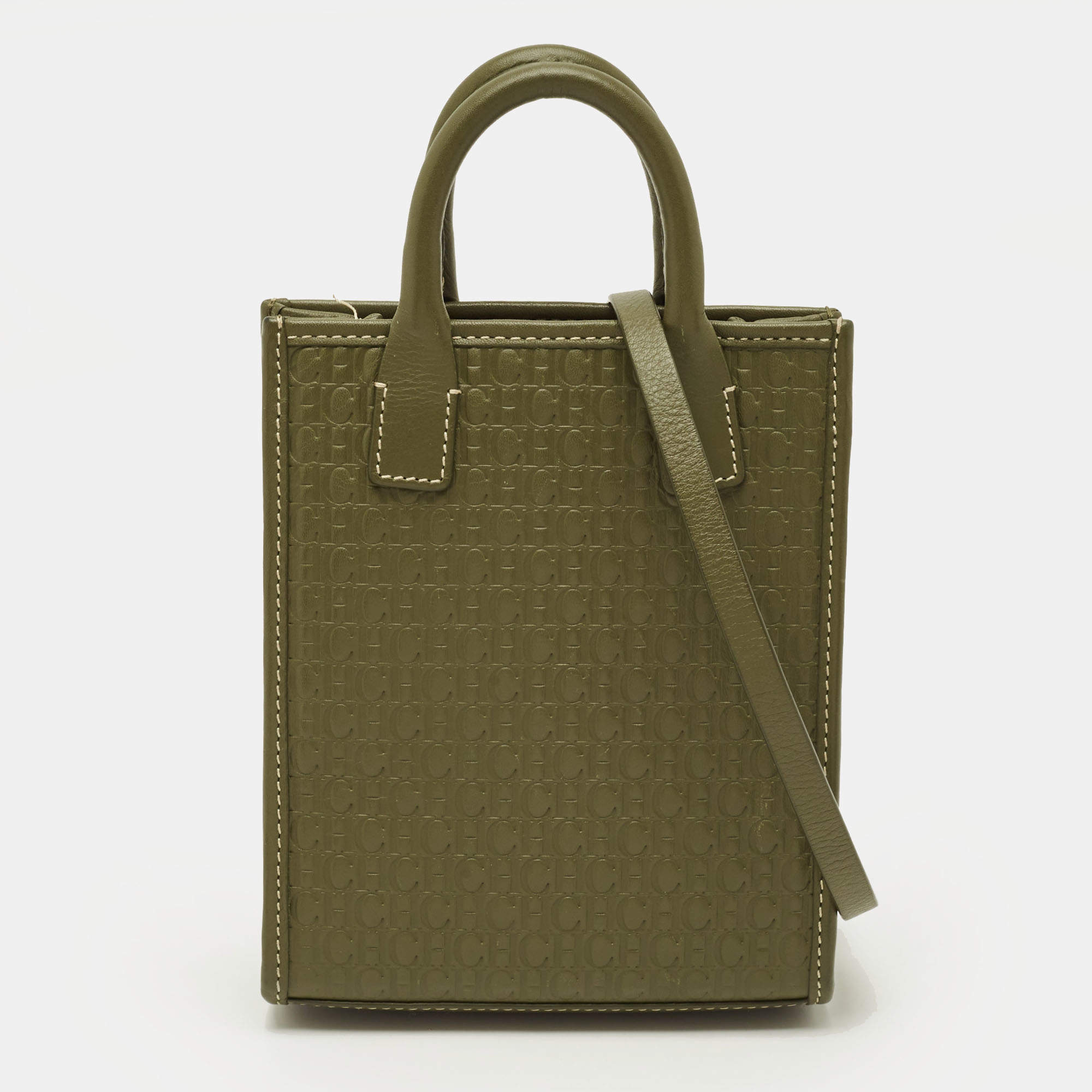 مملوكة مسبقًا Carolina Herrera Mini Green Monogram Embossed Leather and Suede Tote