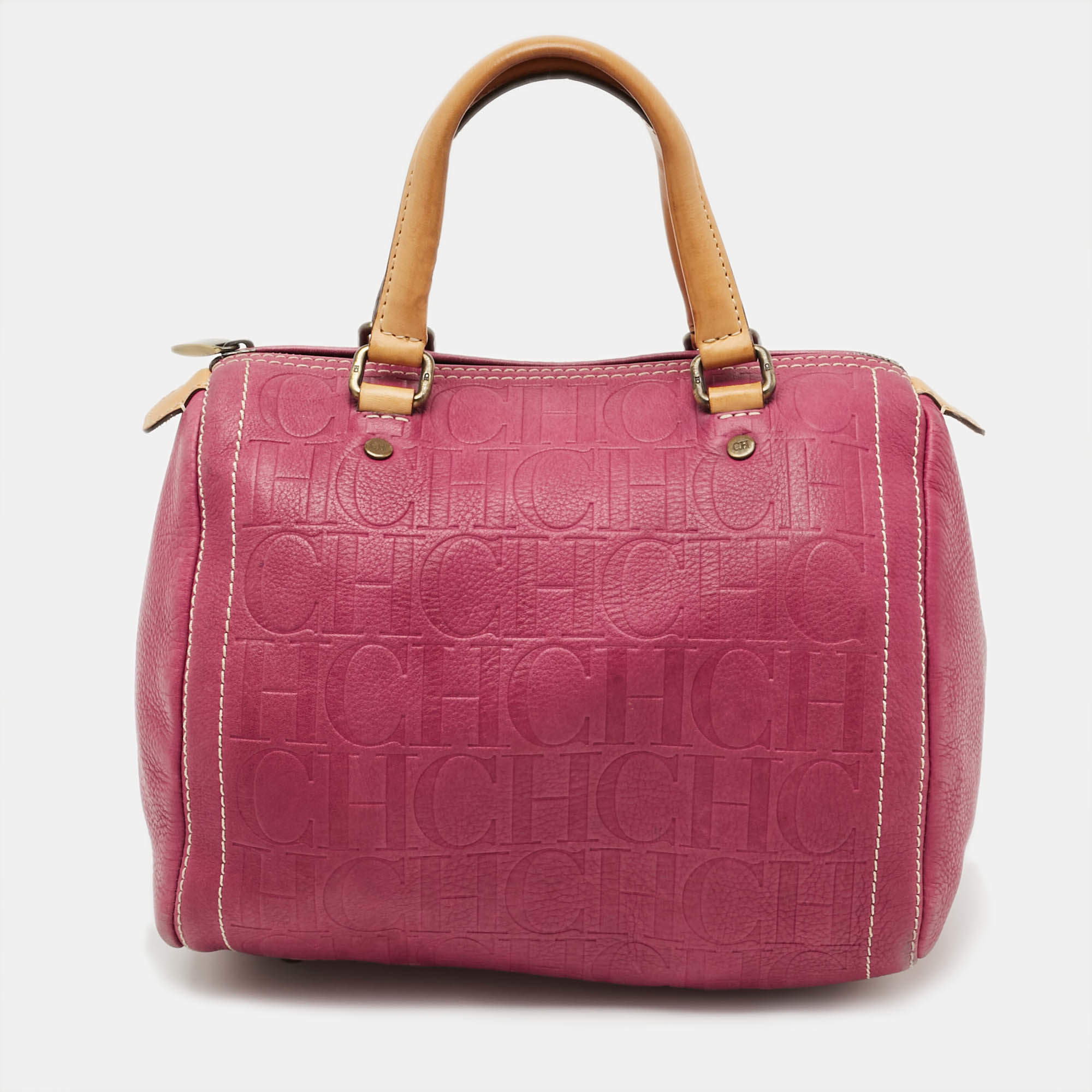 Pre Owned Carolina Herrera Andy Pink Embossed Leather Satchel