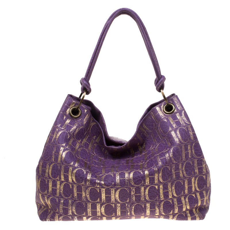 Pre Owned Carolina Herrera Purple/Gold Monogram Leather Hobo