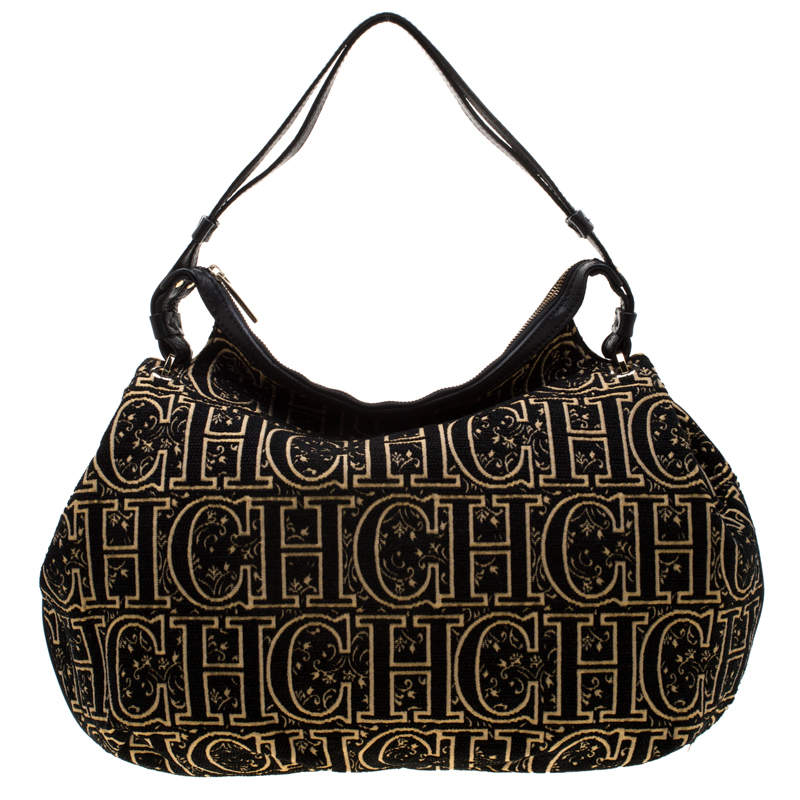 Pre Owned Carolina Herrera Black/Gold Monogram Velvet and Leather Hobo