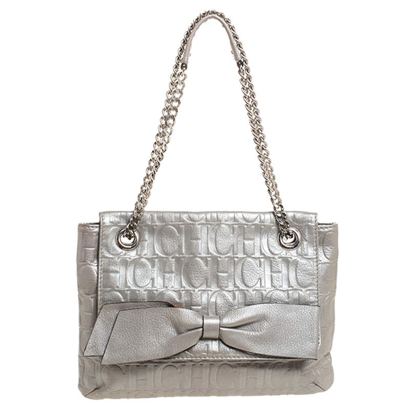 Pre Owned Carolina Herrera Silver Monogram Leather Audrey Shoulder Bag
