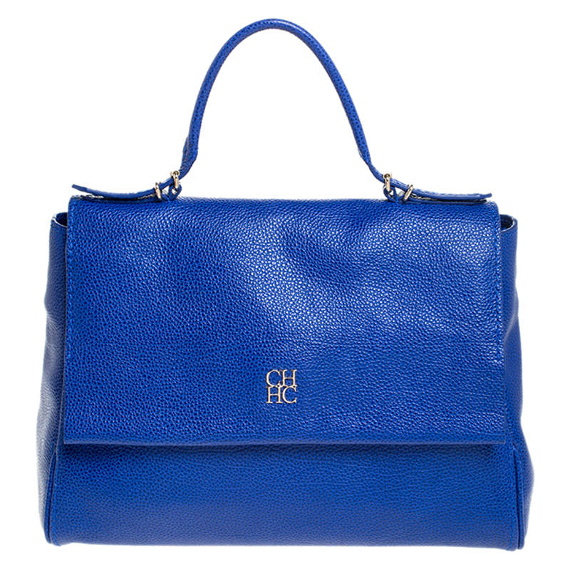 Pre Owned Carolina Herrera Blue Leather Minuetto Flap Top Handle Bag
