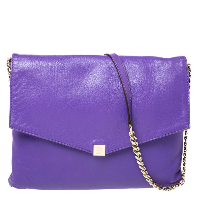 Pre Owned Carolina Herrera Purple Leather Flap Shoulder Bag