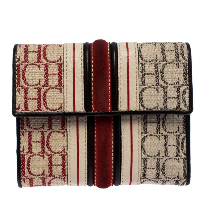 Carolina Herrera Tri Color Signature Canvas, Suede and Leather Trifold Wallet 