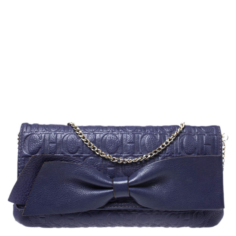 Pre Owned Carolina Herrera Purple Monogram Embossed Leather Bow Shoulder Bag