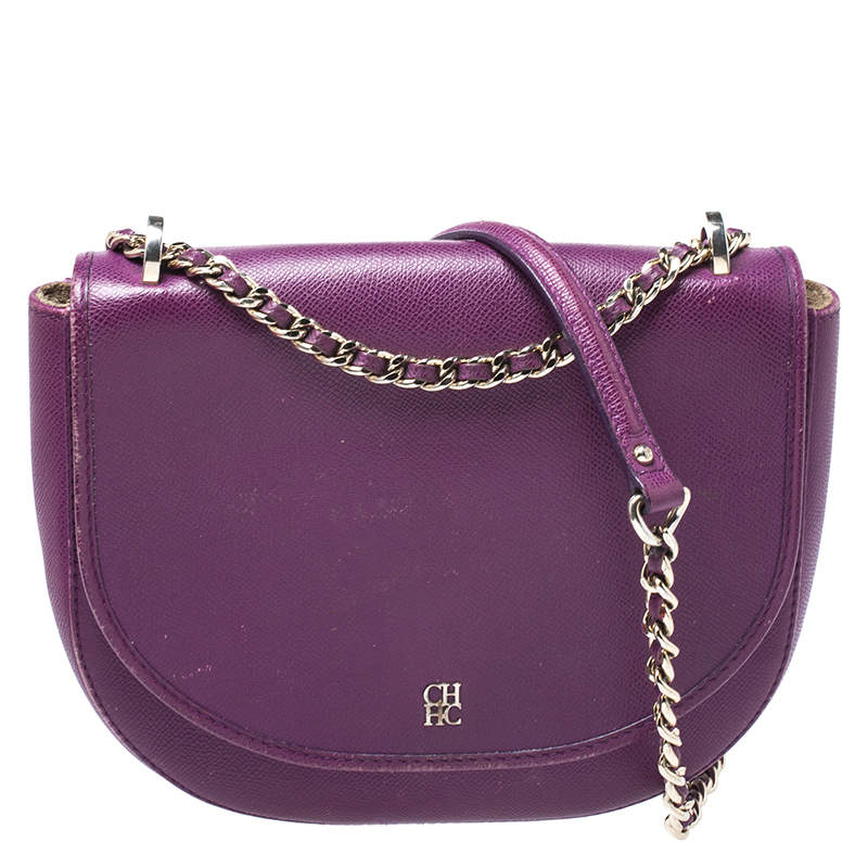 Pre Owned Carolina Herrera Purple Leather Flap Chain Shoulder Bag