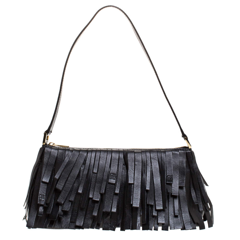 Pre Owned Carolina Herrera Black Leather Fringe Pochette Bag