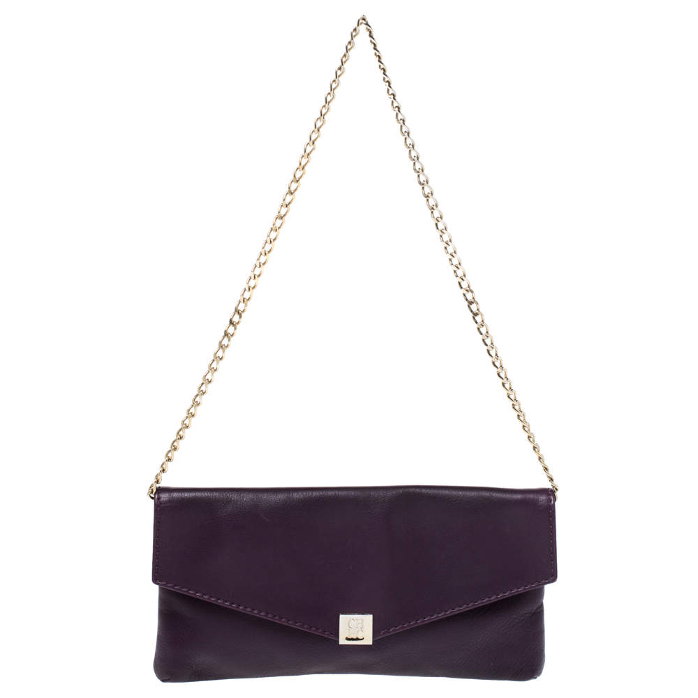 Pre Owned Carolina Herrera Purple Leather Chain Clutch