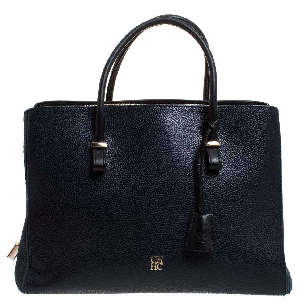 Carolina Herrera Navy Blue/Black Leather Zip Tote