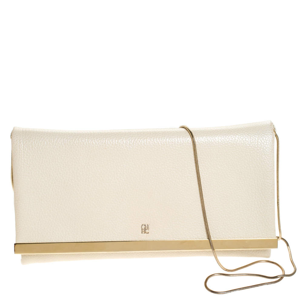 Pre Owned Carolina Herrera Light Cream Leather Flap Chain Clutch