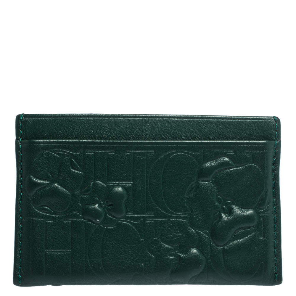 Carolina Herrera Green Embossed Leather Card Holder