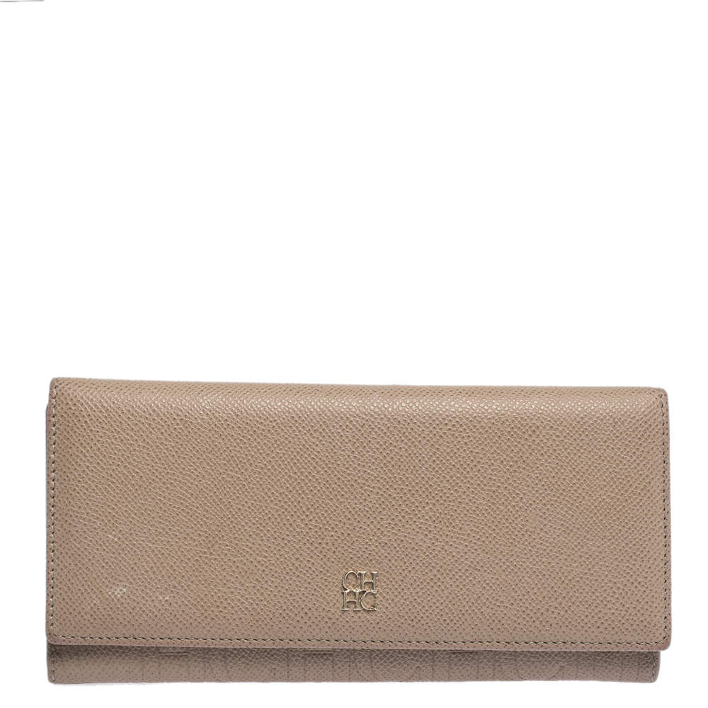 Pre Owned Carolina Herrera Beige Leather Continental Flap Wallet