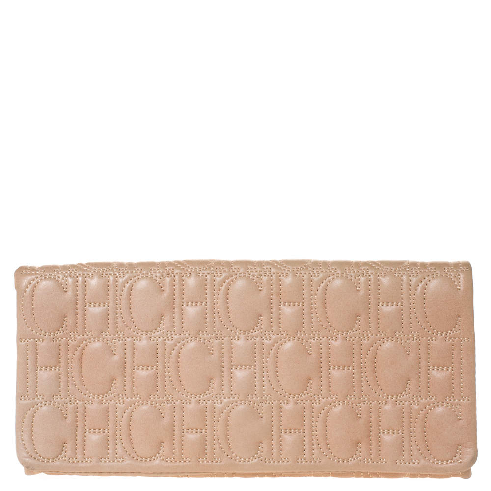 Pre Owned Carolina Herrera Beige Monogram Leather Jerry Clutch