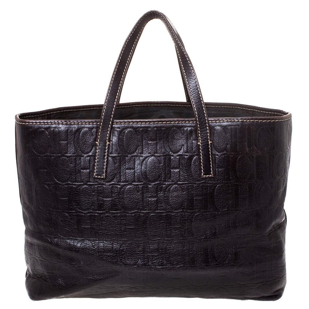 Pre Owned Carolina Herrera Dark Brown Monogram Leather Tote