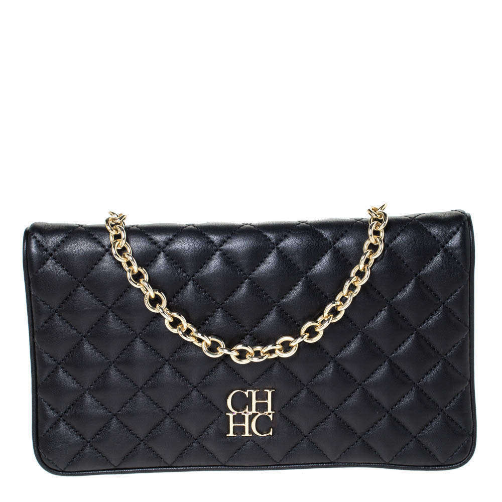 Pre Owned Carolina Herrera Black Quilted Leather Flap Chain Shoulder Bag