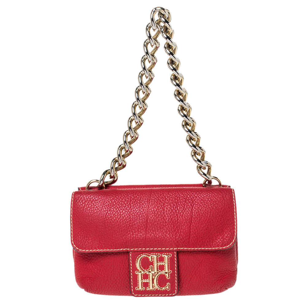 Pre Owned Carolina Herrera Red Leather Double Flap Chain Bag