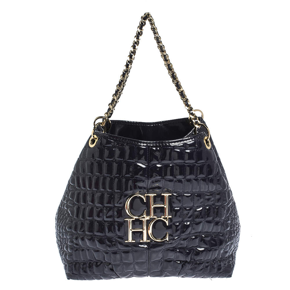 Pre Owned Carolina Herrera Puple Croc Embossed Patent Leather Tote