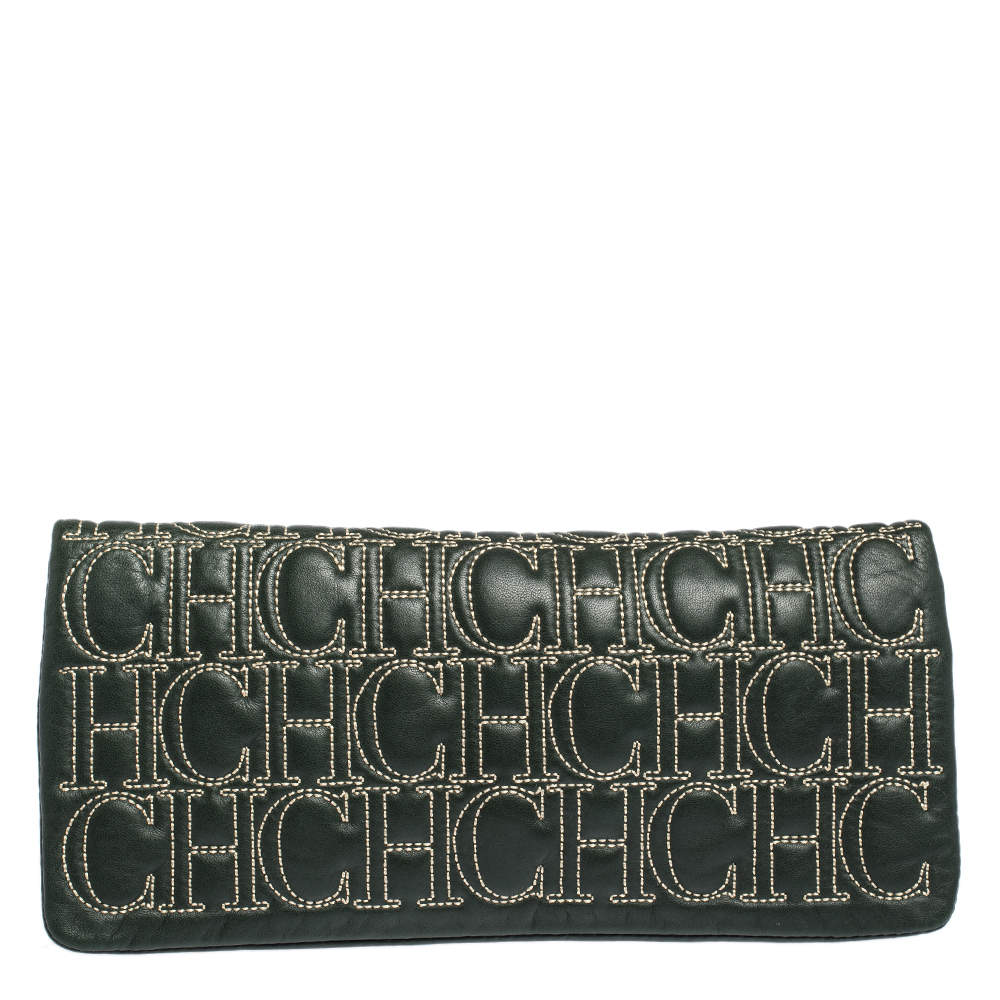 Pre Owned Carolina Herrera Dark Green Monogram Leather Jerry Clutch