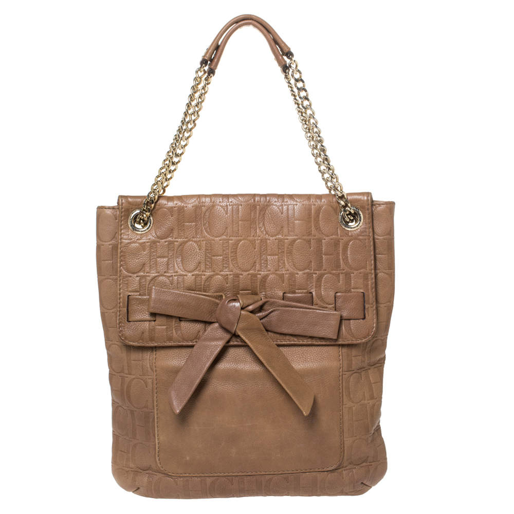 Pre Owned Carolina Herrera Light Brown Embossed Leather Bow Flap Hobo