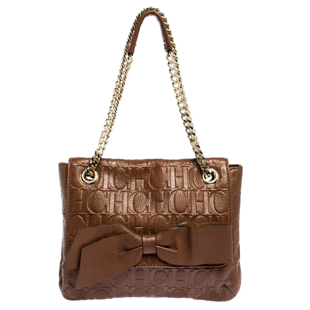 Pre Owned Carolina Herrera Brown Monogram Leather Audrey Shoulder Bag